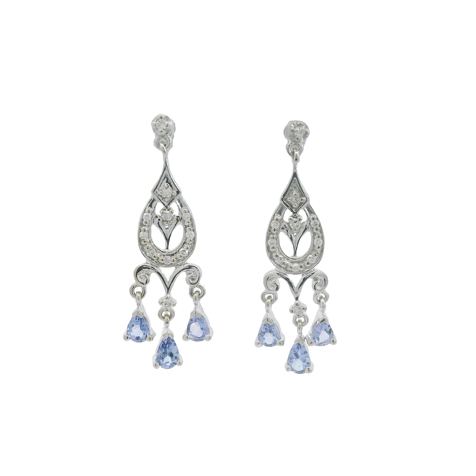 Vintage 14k White Gold Tanzanite & Diamond Drop Earrings