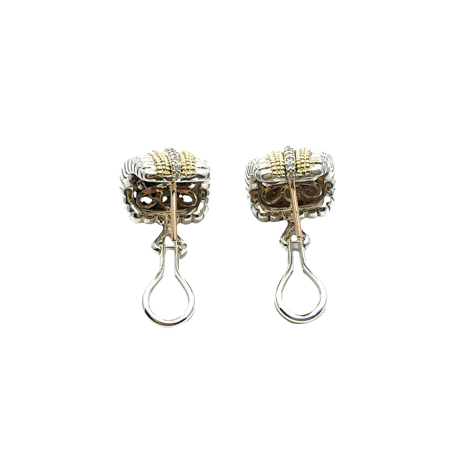 Estate LAGOS 18k Yellow Gold and Sterling Silver Diamond Caviar Lux Omega Clip Earrings