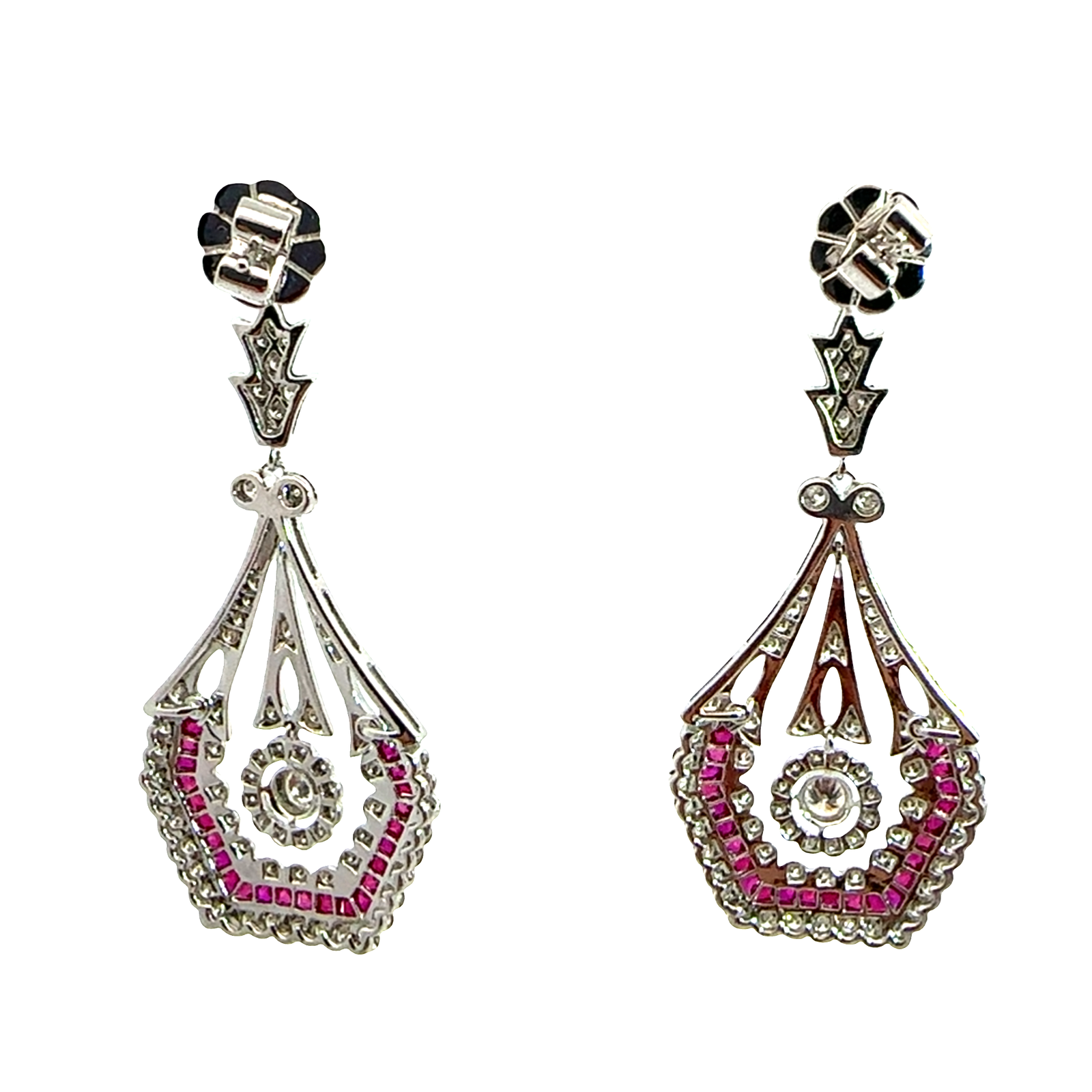 Vintage 18k White Gold 1.23ctw Diamond and Lab Created Ruby Dangle Earrings