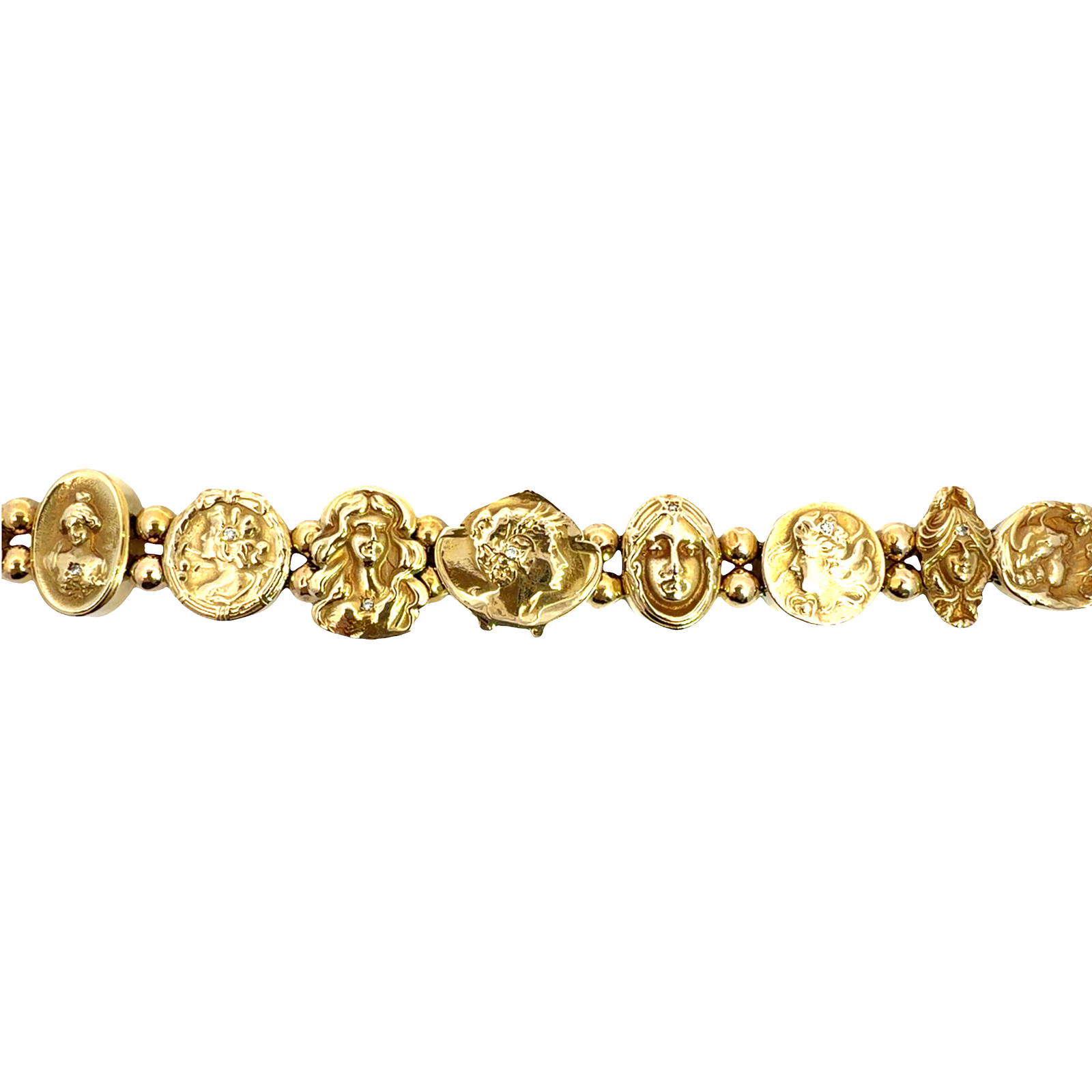 Antique Art Nouveau 14k Yellow Gold Lady Motif Diamond Slide Bracelet