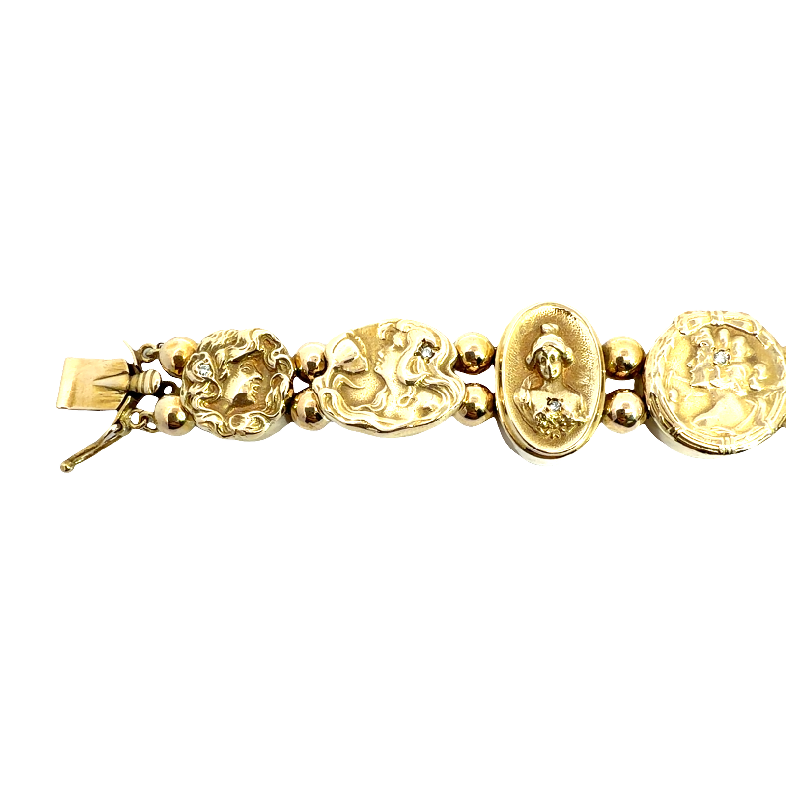 Antique Art Nouveau 14k Yellow Gold Lady Motif Diamond Slide Bracelet