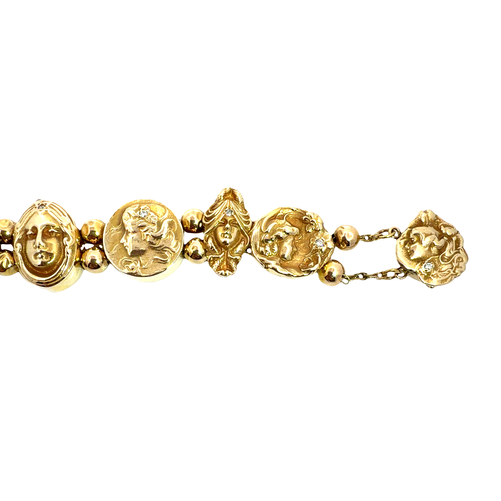 Antique Art Nouveau 14k Yellow Gold Lady Motif Diamond Slide Bracelet