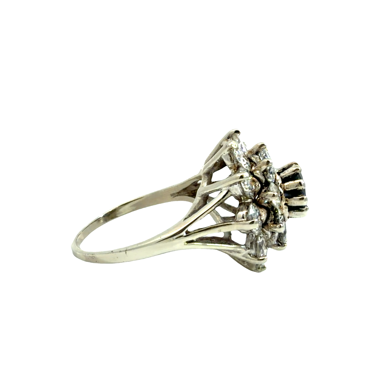 Vintage 14k White Gold 2.60ctw Diamond and 0.75ctw Sapphire Flower Cocktail Ring