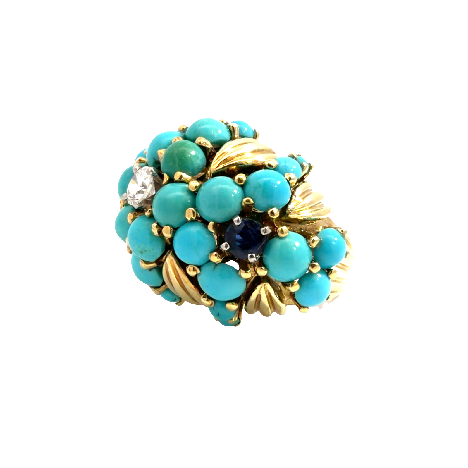 Vintage 18k Yellow Gold Turquoise Diamond and Sapphire Cluster Bombe Band Ring