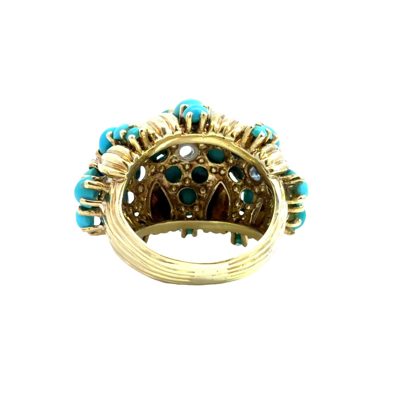 Vintage 18k Yellow Gold Turquoise Diamond and Sapphire Cluster Bombe Band Ring