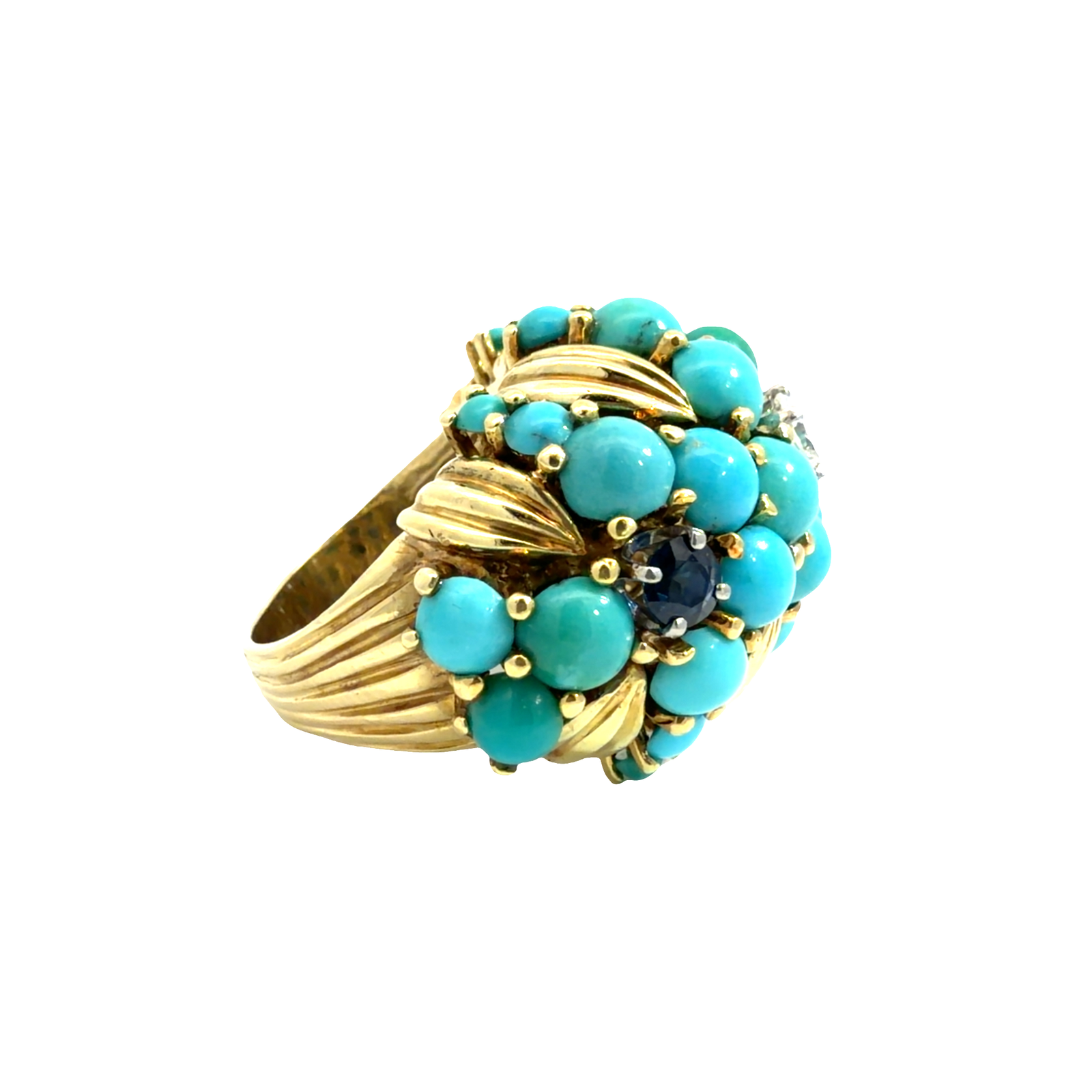 Vintage 18k Yellow Gold Turquoise Diamond and Sapphire Cluster Bombe Band Ring