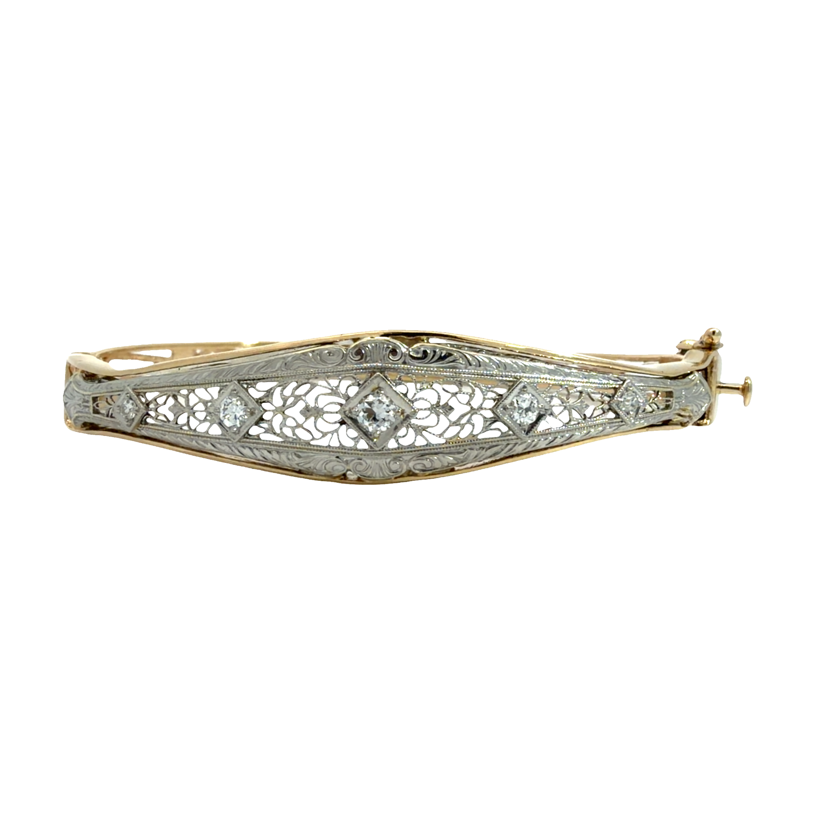 Antique 14k Multi-Tone Gold Filigree 0.26ctw Diamond Bangle