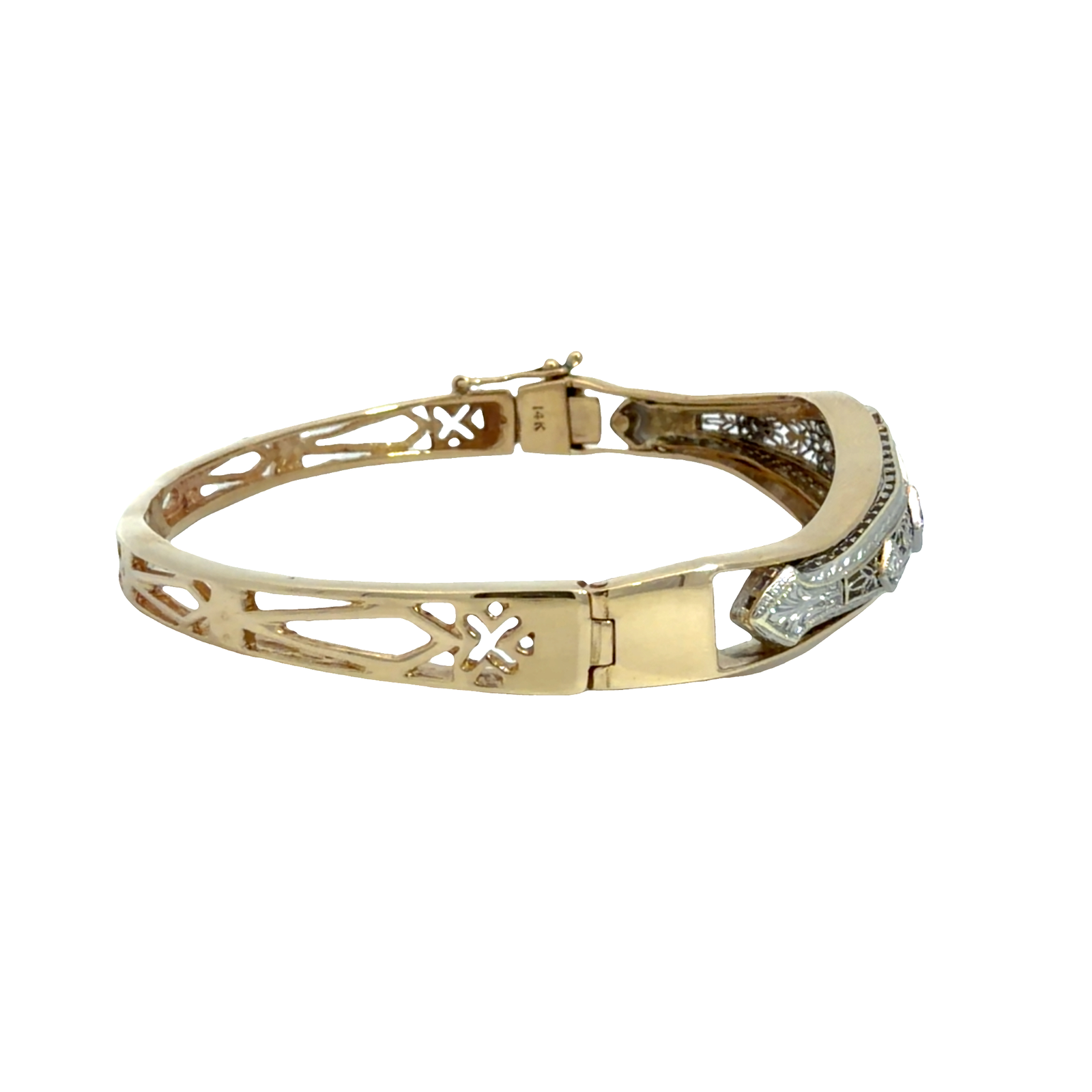 Antique 14k Multi-Tone Gold Filigree 0.26ctw Diamond Bangle