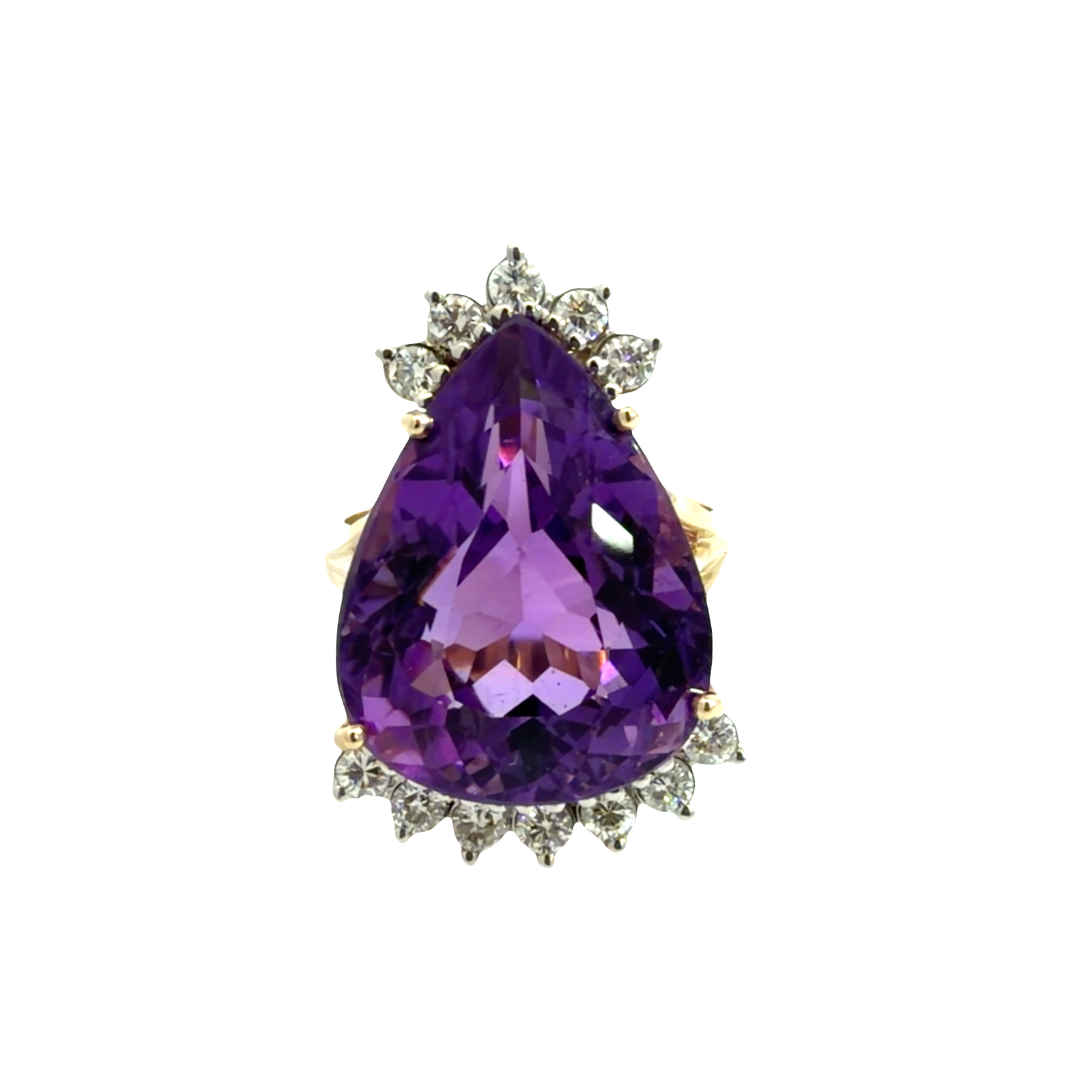 Vintage 14k Multi-Tone 15.93ctw Pear Cut Amethyst and 0.48ctw Diamond Cocktail Ring