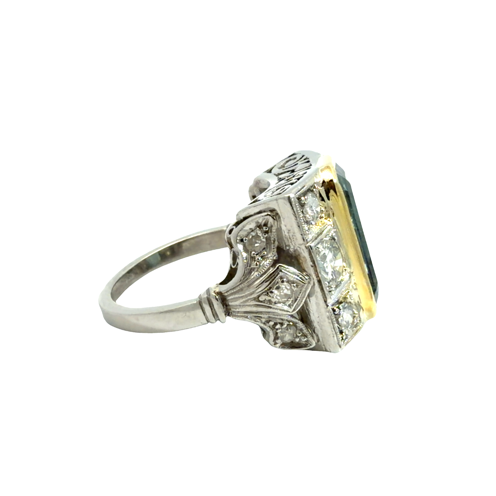 Platinum & 18k Yellow Gold Art Deco 4.46ctw Aquamarine and 1.13ctw Diamond Ring