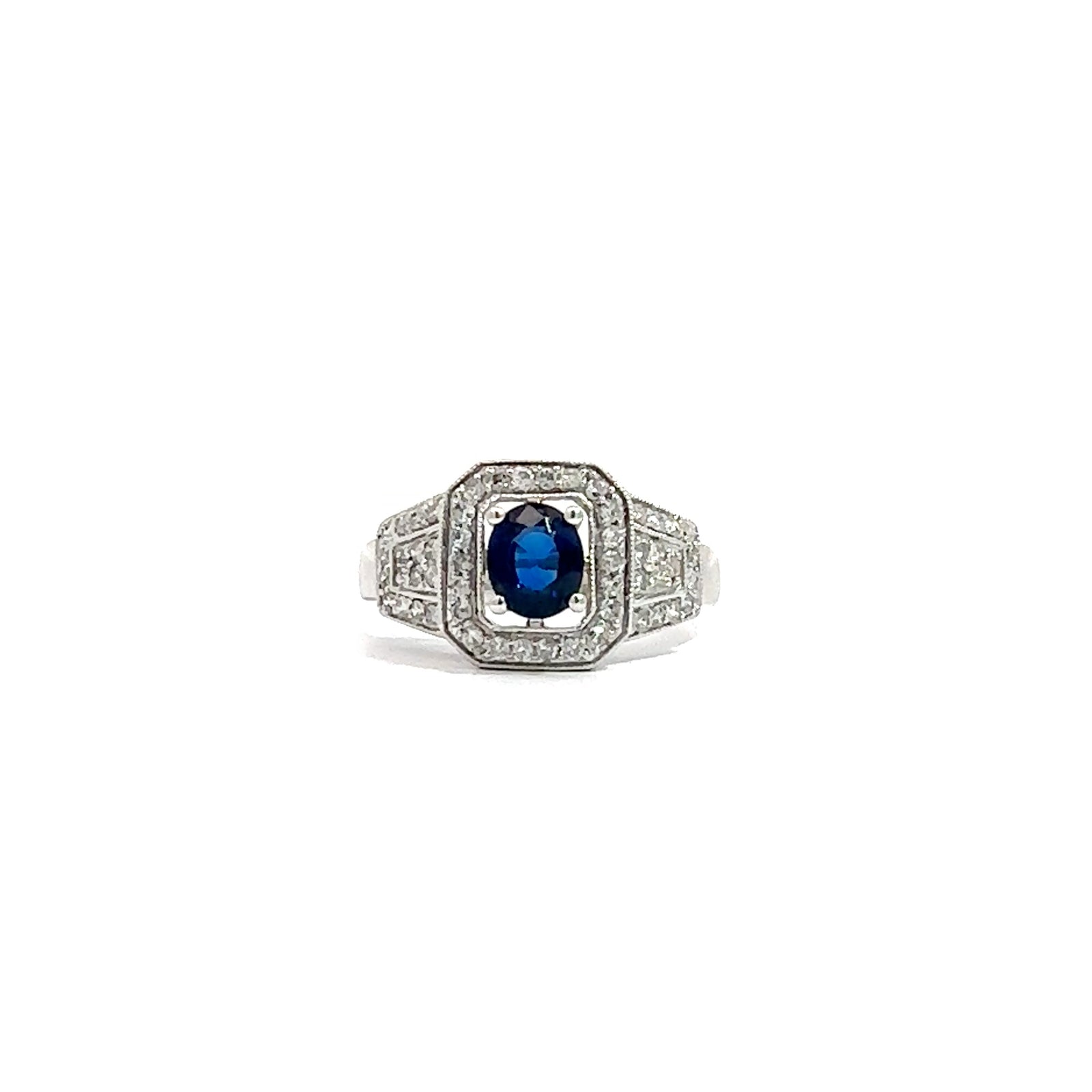 Vintage 18k White Gold Oval Cut Sapphire & Diamond Ring