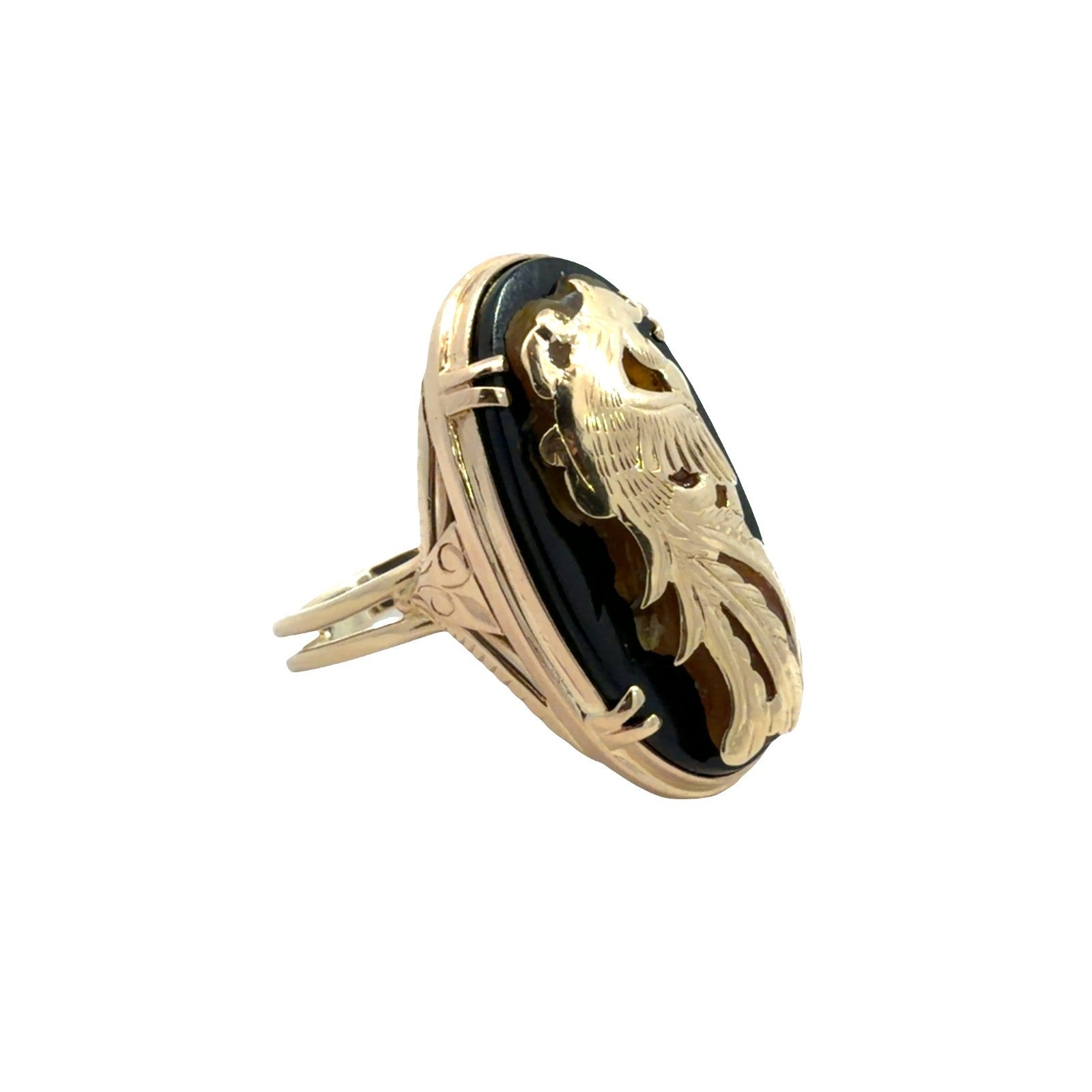 13.5k Yellow Gold Ming's Hawaii Rare Vintage Phoenix Overlay Onyx Ring Size 6.751
