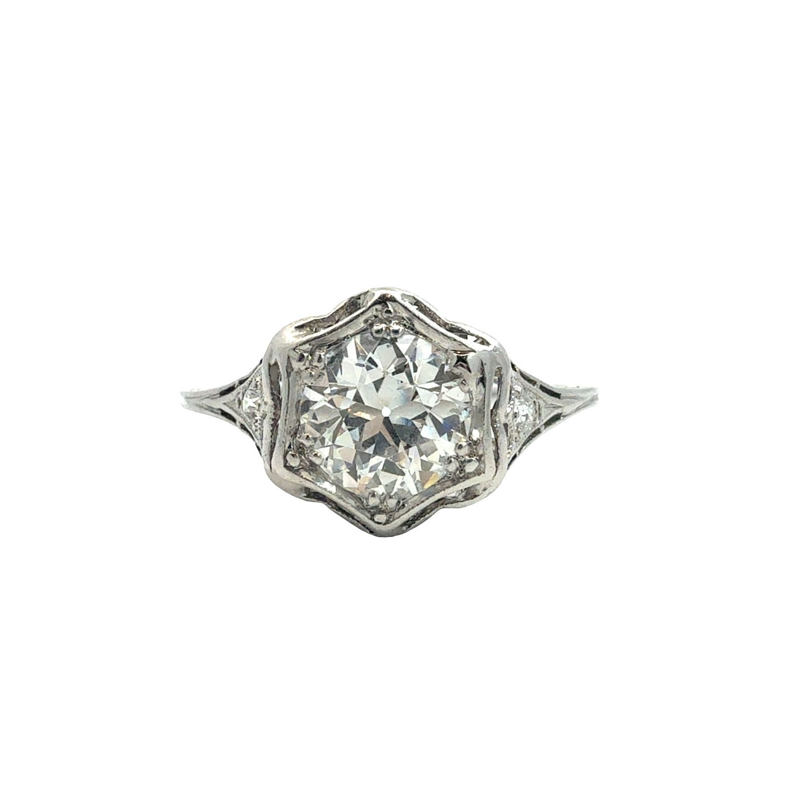 Vintage 14k White Gold 1.00tcw Euro-Cut Diamond Art Deco Engagement Ring Size 70