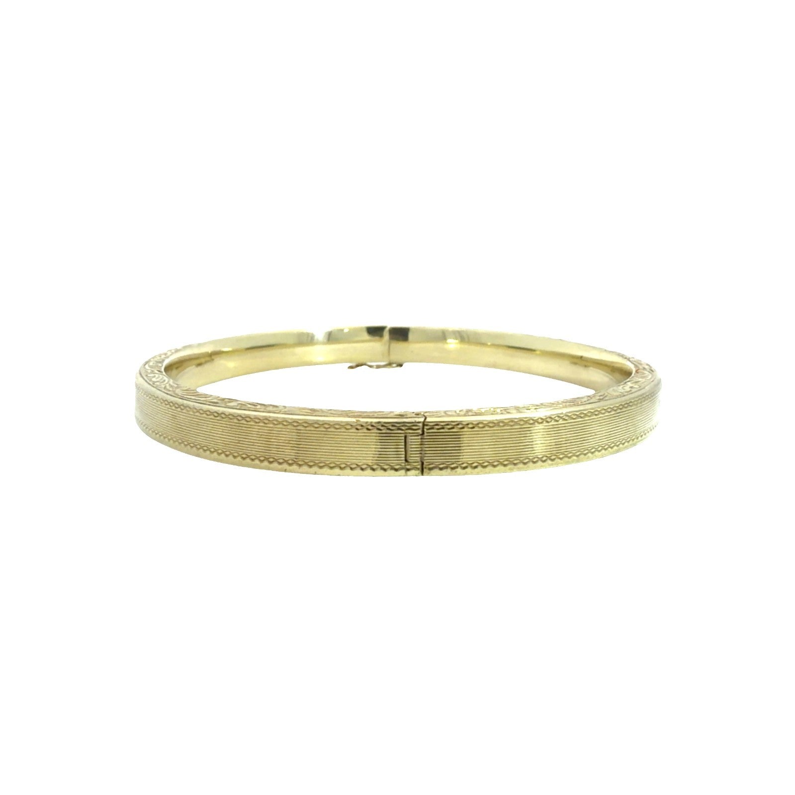 Vintage 14k Yellow Gold Etched and Milgrain Hinged Bangle 7"2