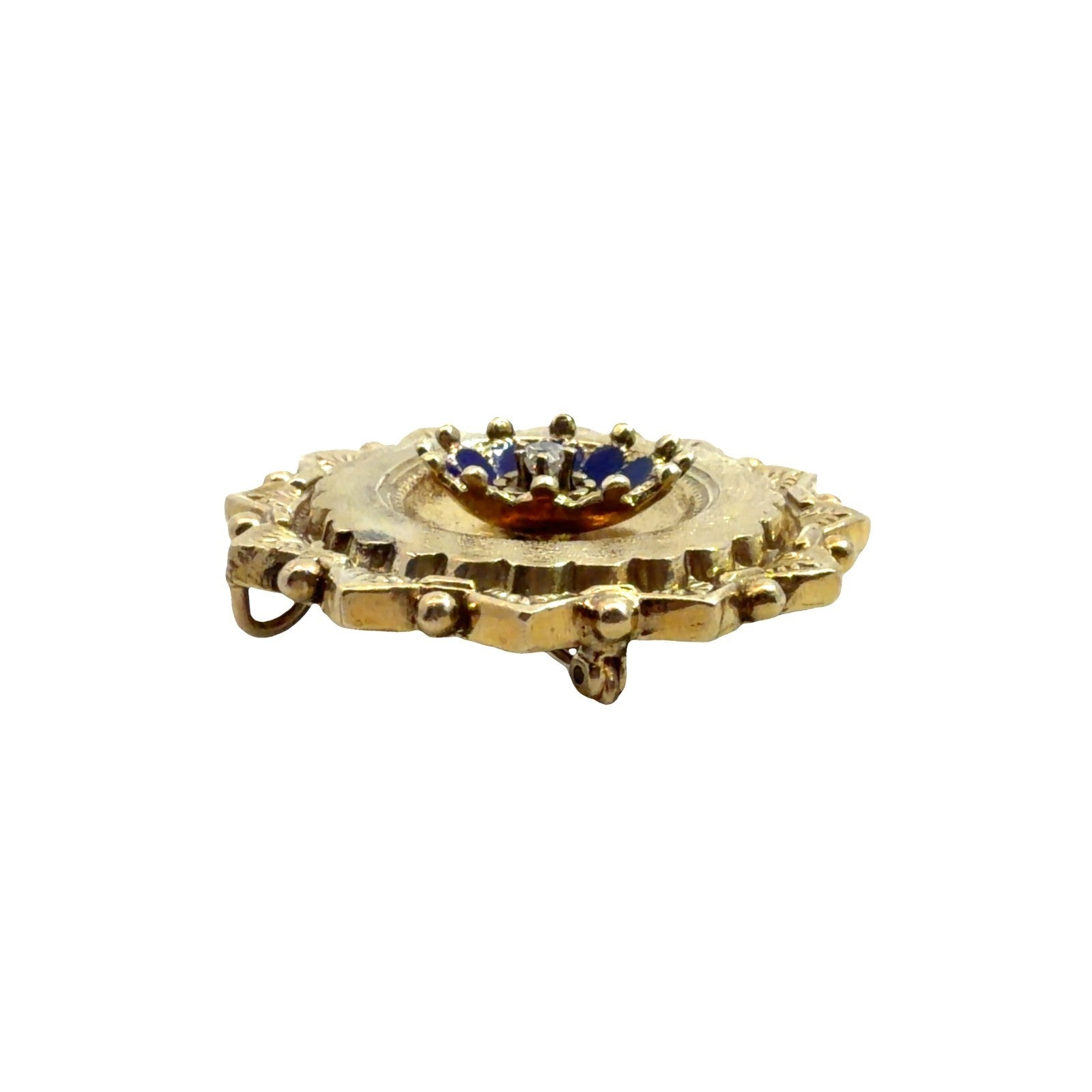 Antique Stamped 14k Yellow Gold Old Mine 0.07cttw Diamond & Blue Enamel Brooch2