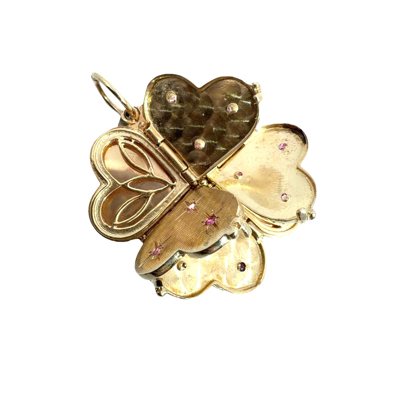 Vintage Stamped 14k Yellow Gold 0.34ctw Ruby Four Leaf Clover Locket1