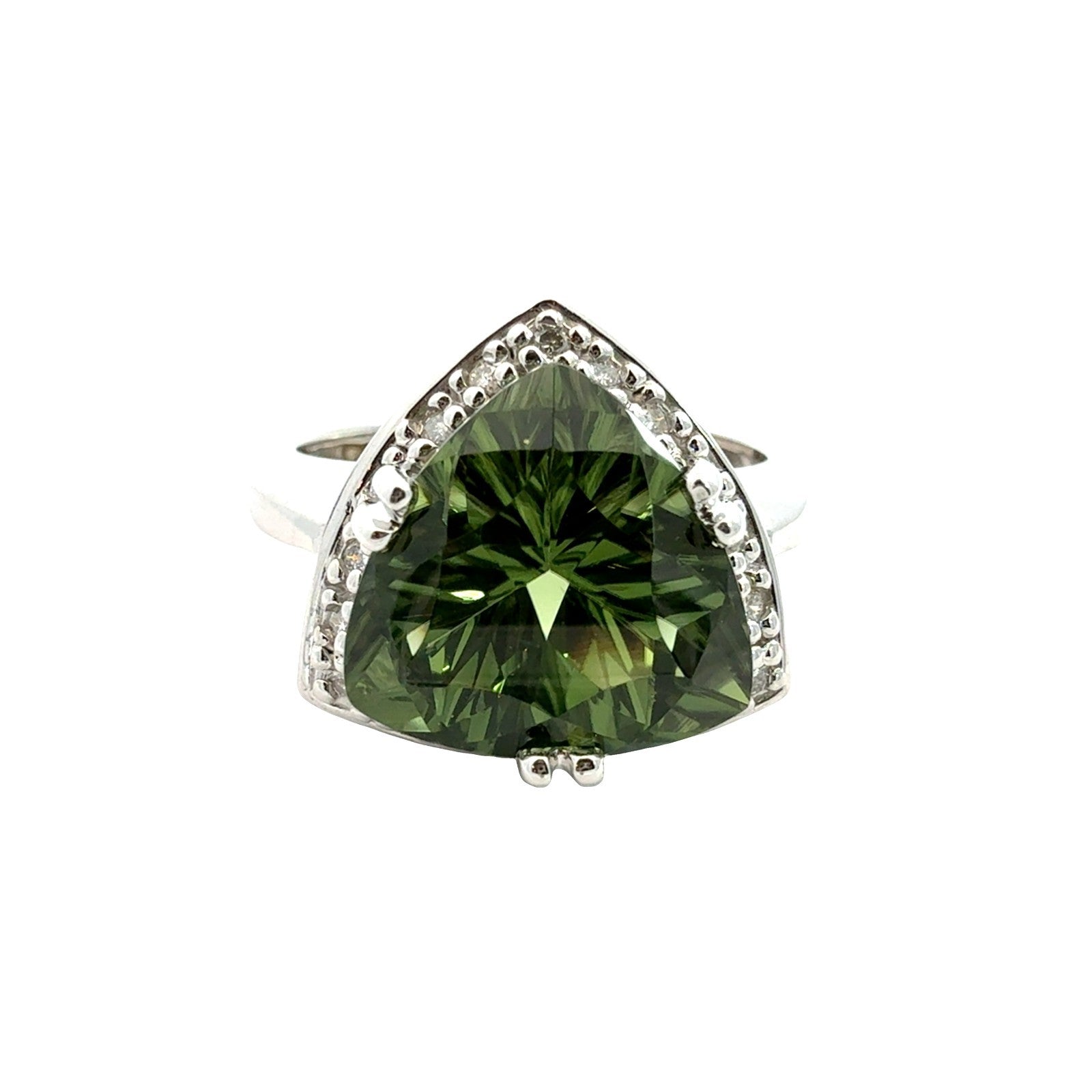 14k White Gold Trillion-Cut 6.57tcw Green Diopside and 0.18cttw Diamond Ring0