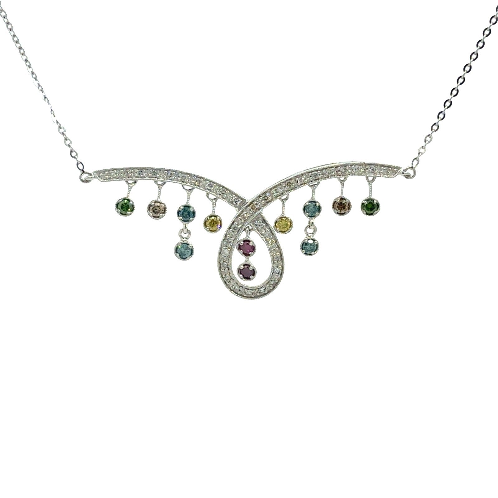 14k White Gold Multi Color 0.83cttw Diamond Fringe Pendant Necklace 0