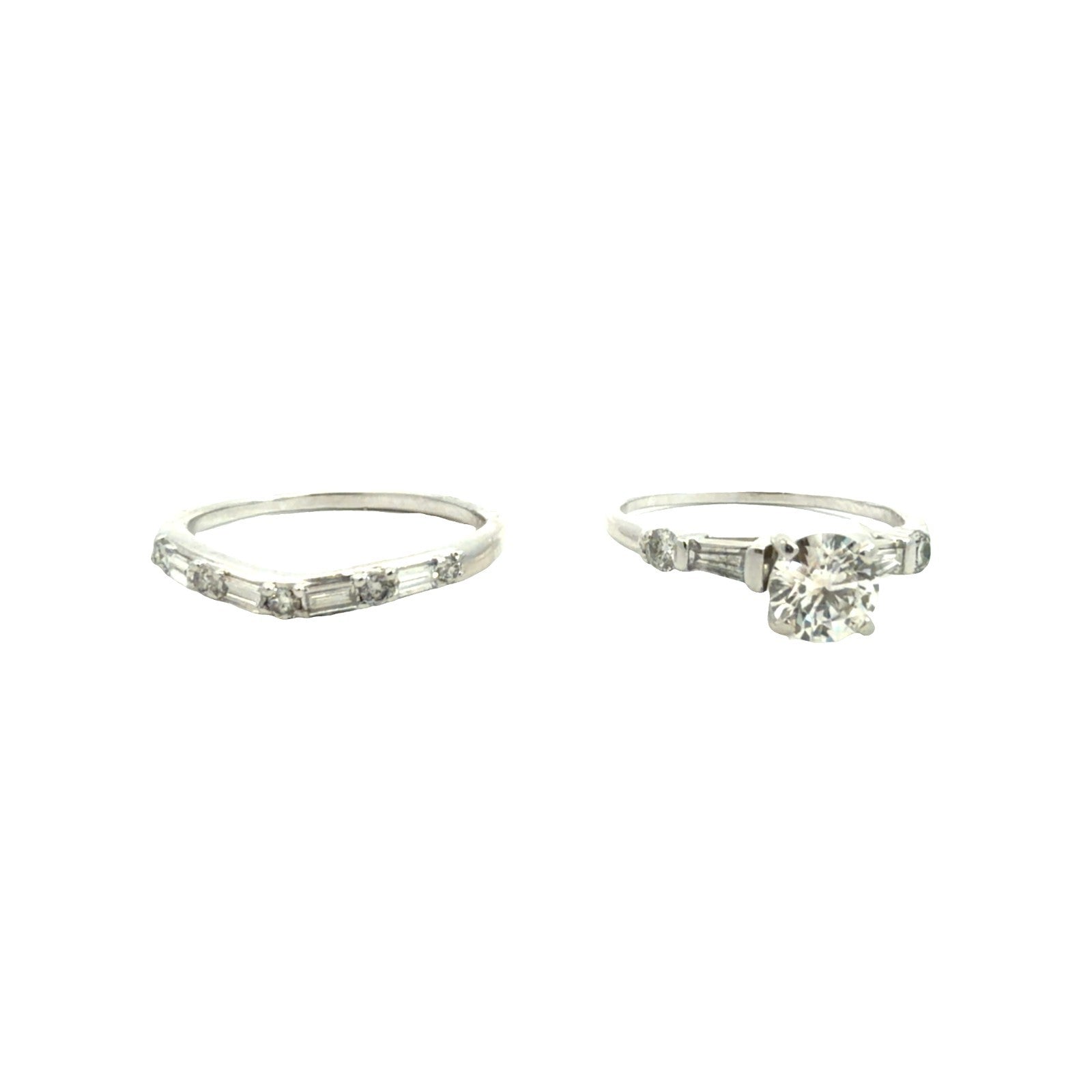 14k White Gold 1.20cttw IGI Round Brilliant & Baguette Diamond Bridal Set Size 71