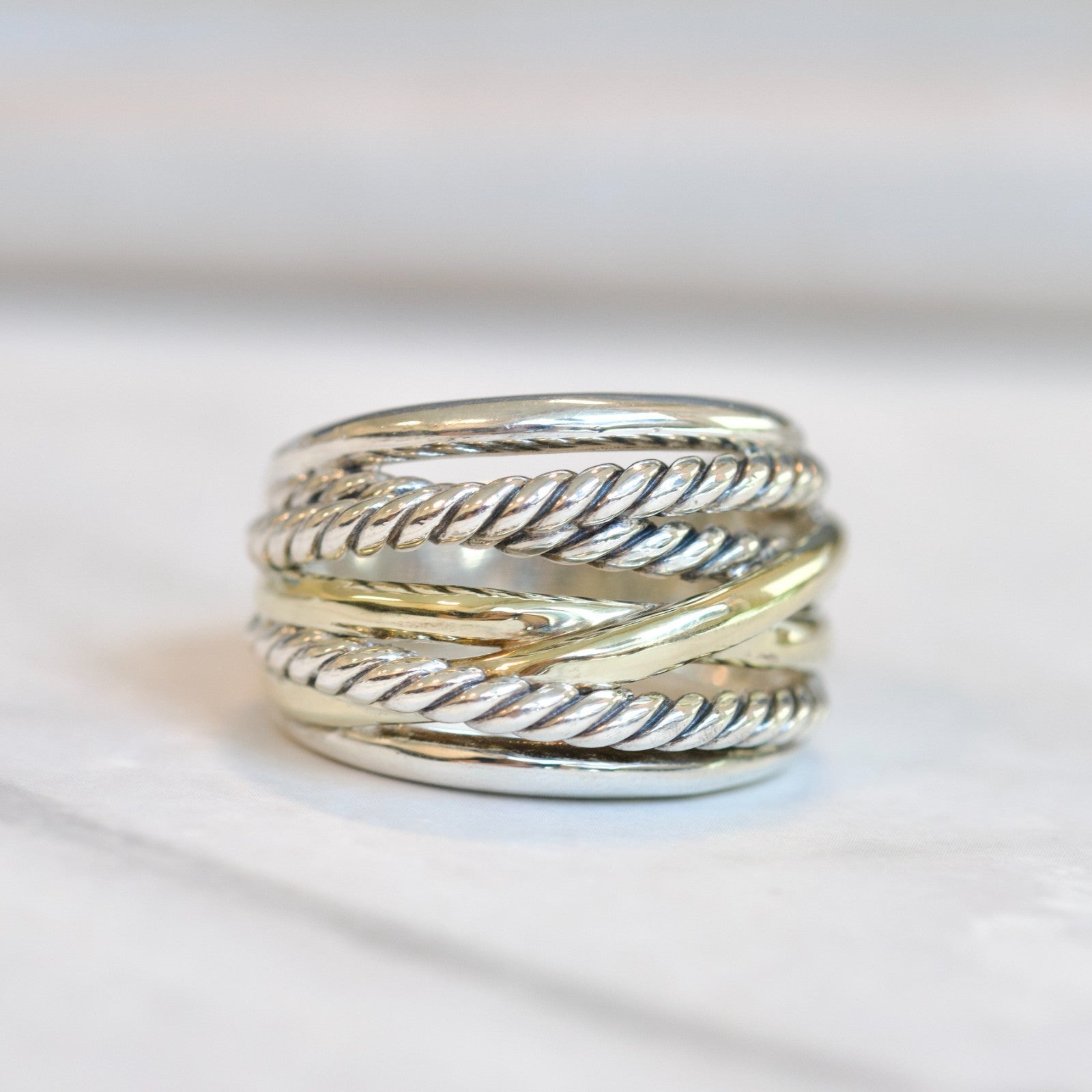 David Yurman Sterling Silver 14k Gold Two-Tone Cable Crossover Band Ring0