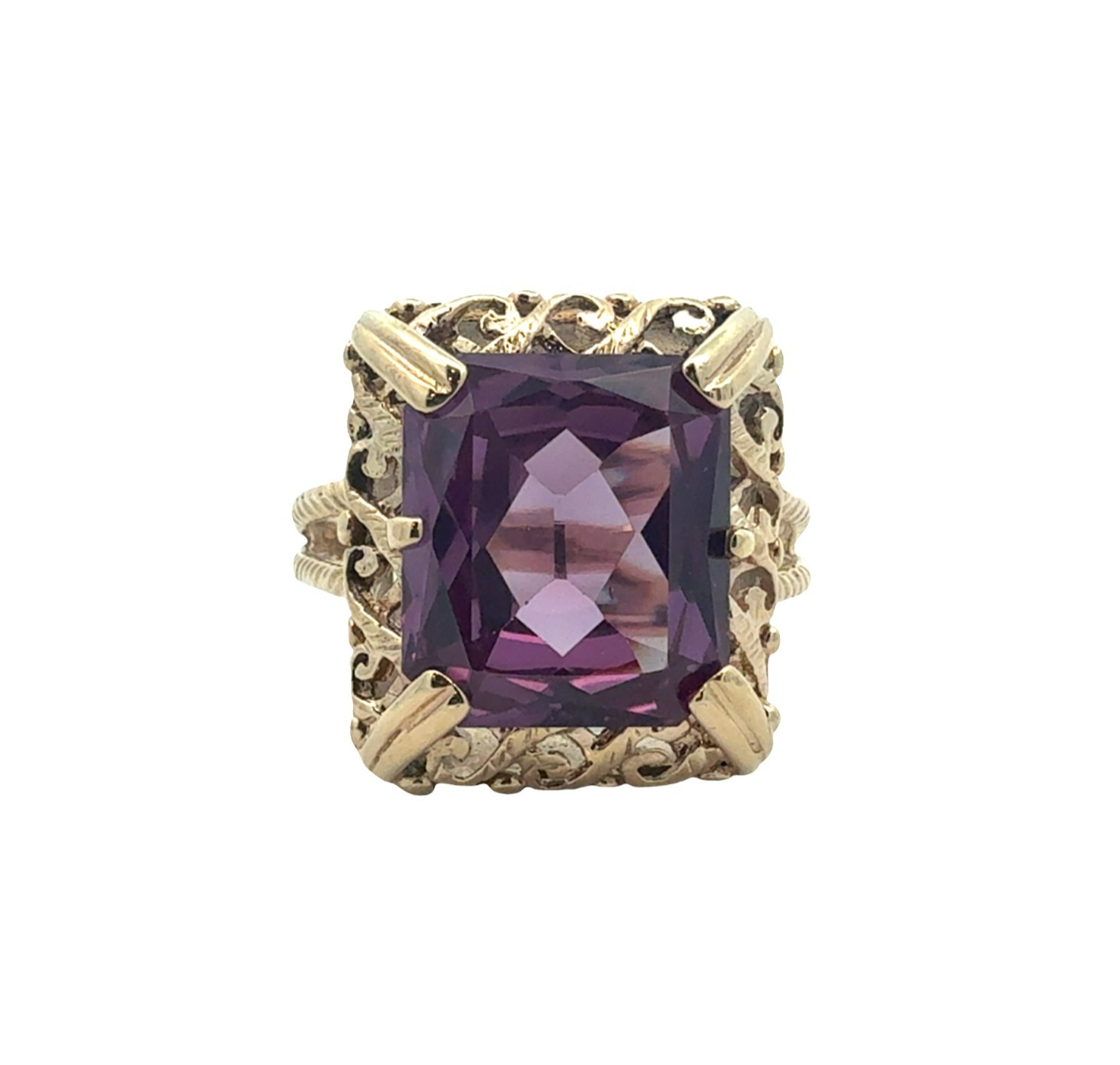 10k Yellow Gold Stamped and Lab Created Sapphire Filigree Cocktail Ring0