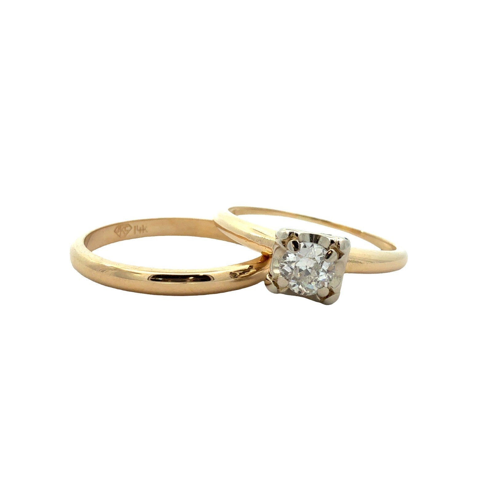 14k Yellow Gold Two Tone Solitaire 0.27ctw Diamond Bridal Set Size 6.51