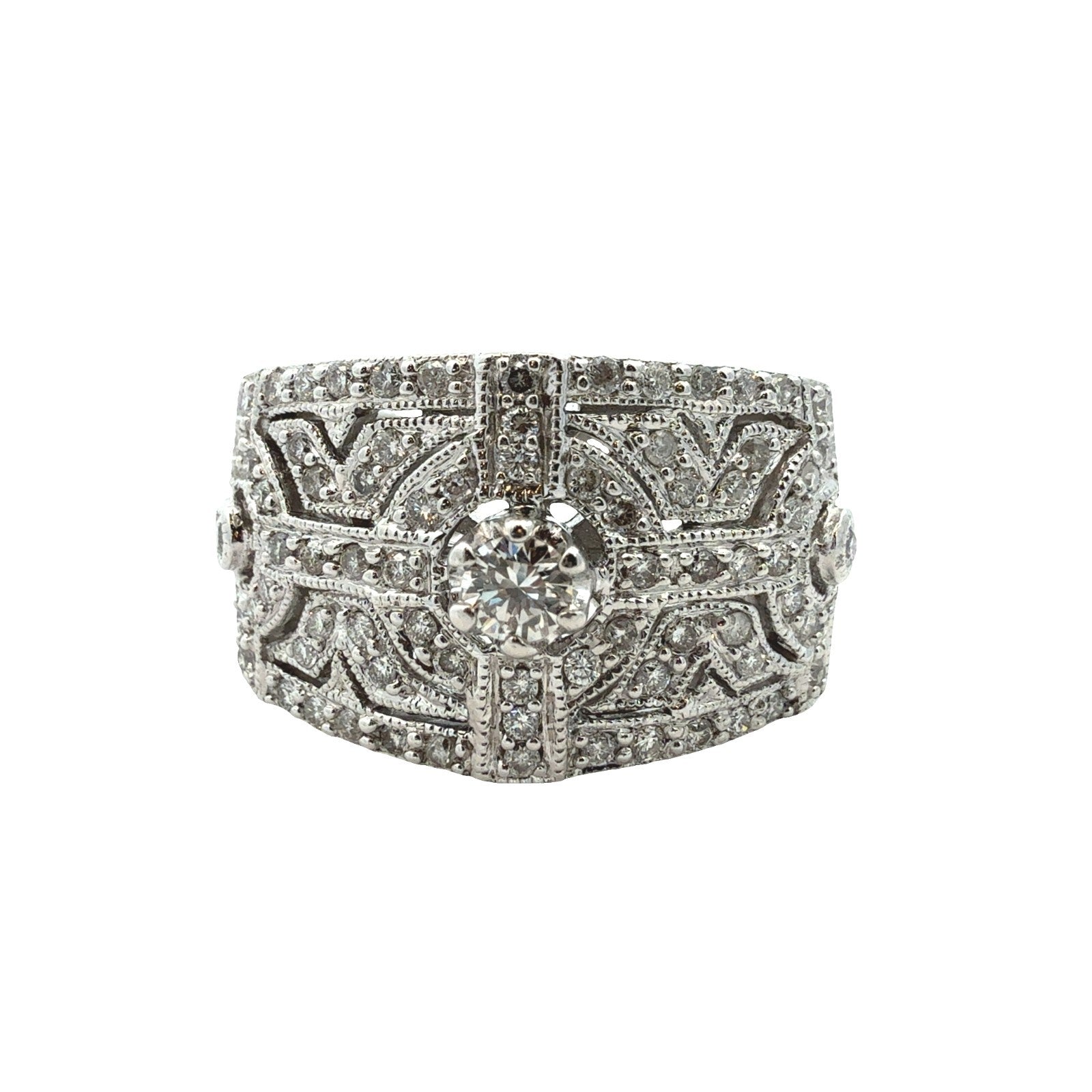 18k White Gold Art Deco Style 0.71ctw Diamond Cluster Ring Size 7.50