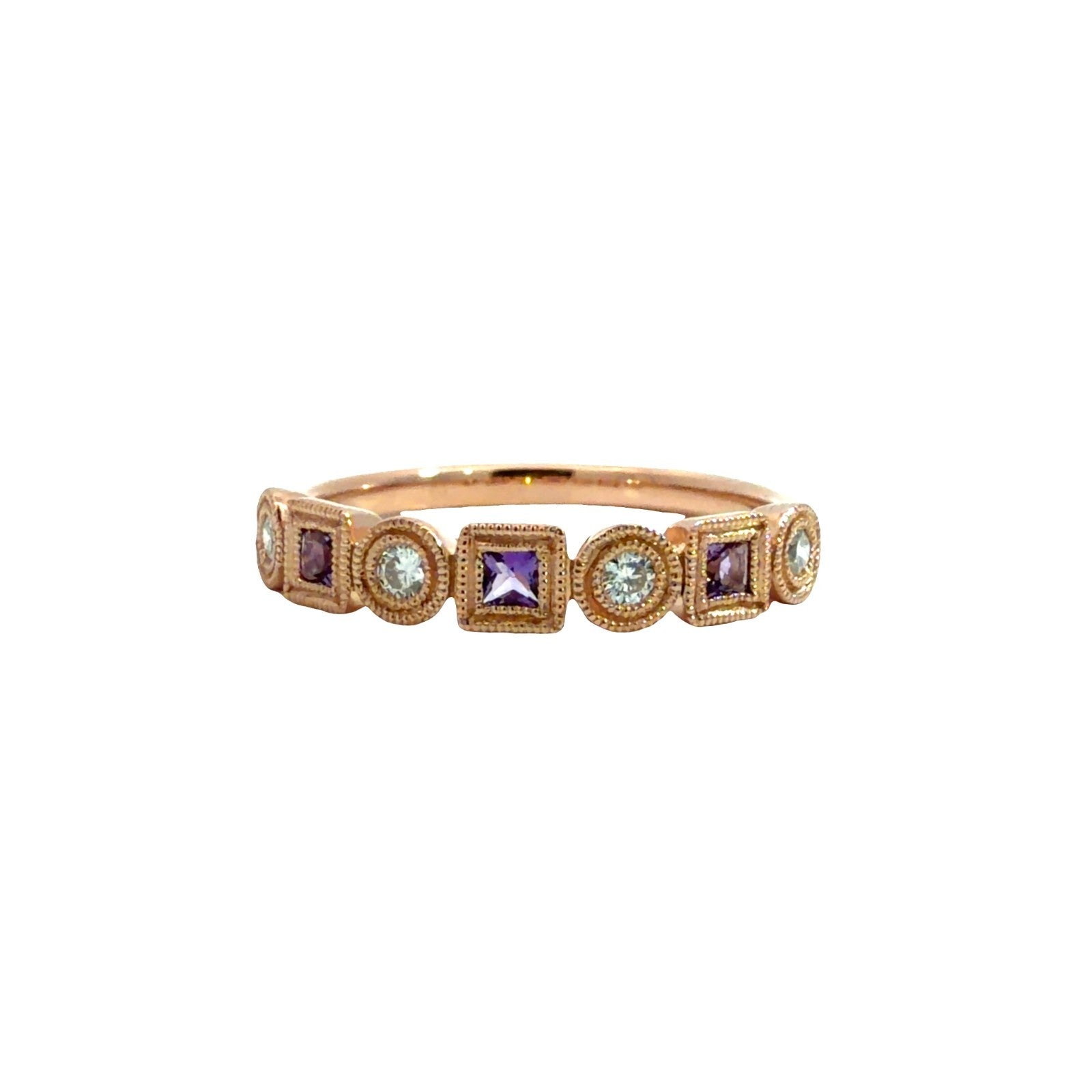 14k Rose Gold Bezel 0.08cttw Amethyst & 0.10cttw Diamond Milgrain Ring0