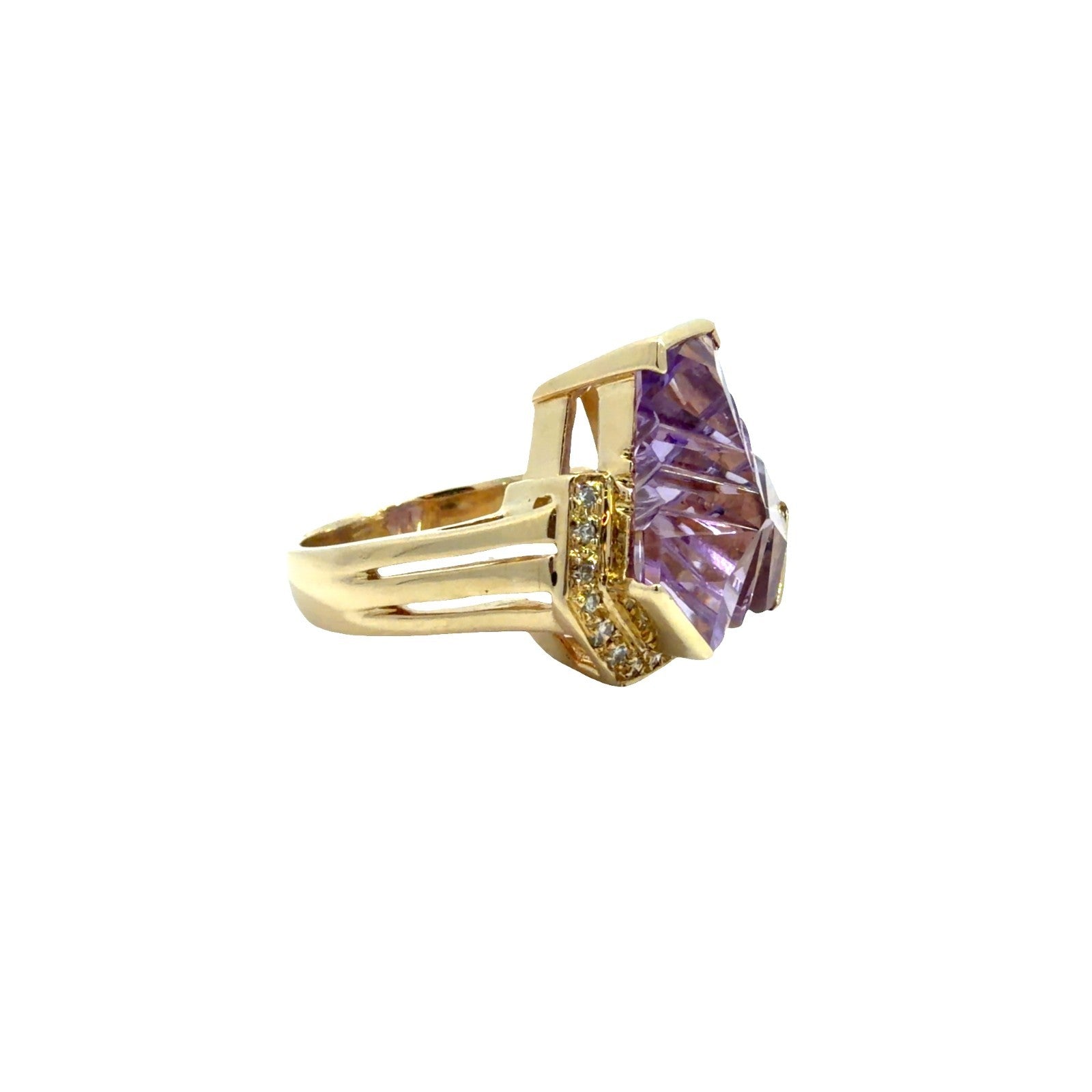 14k Yellow Gold Fantasy Cut Amethyst & 0.20cttw Diamond Cocktail Ring Size 6.51
