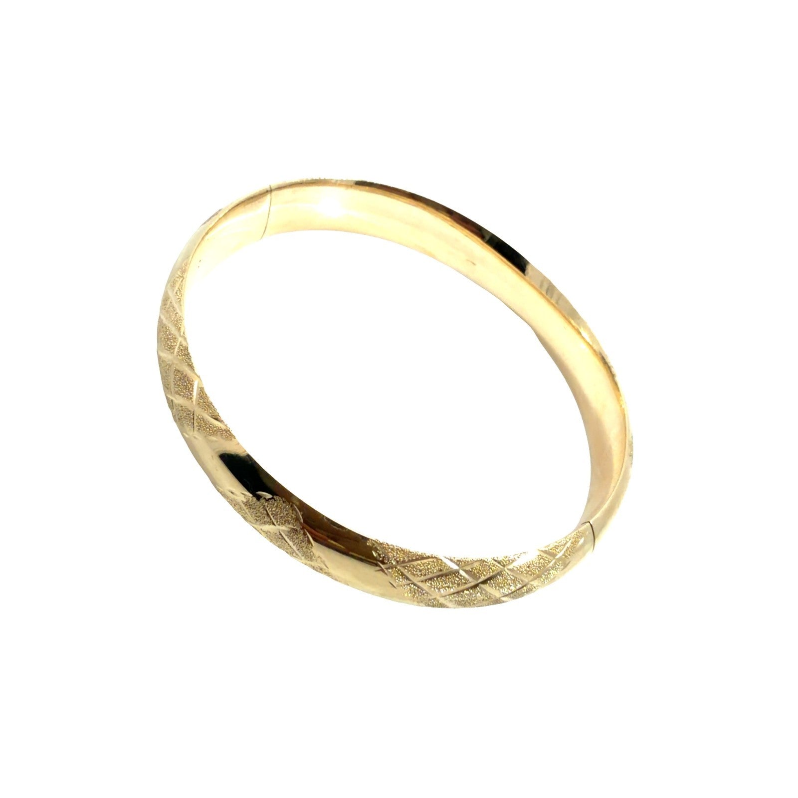 14k Yellow Gold Textured Lattice Pattern Hinged Bangle Bracelet 7"1