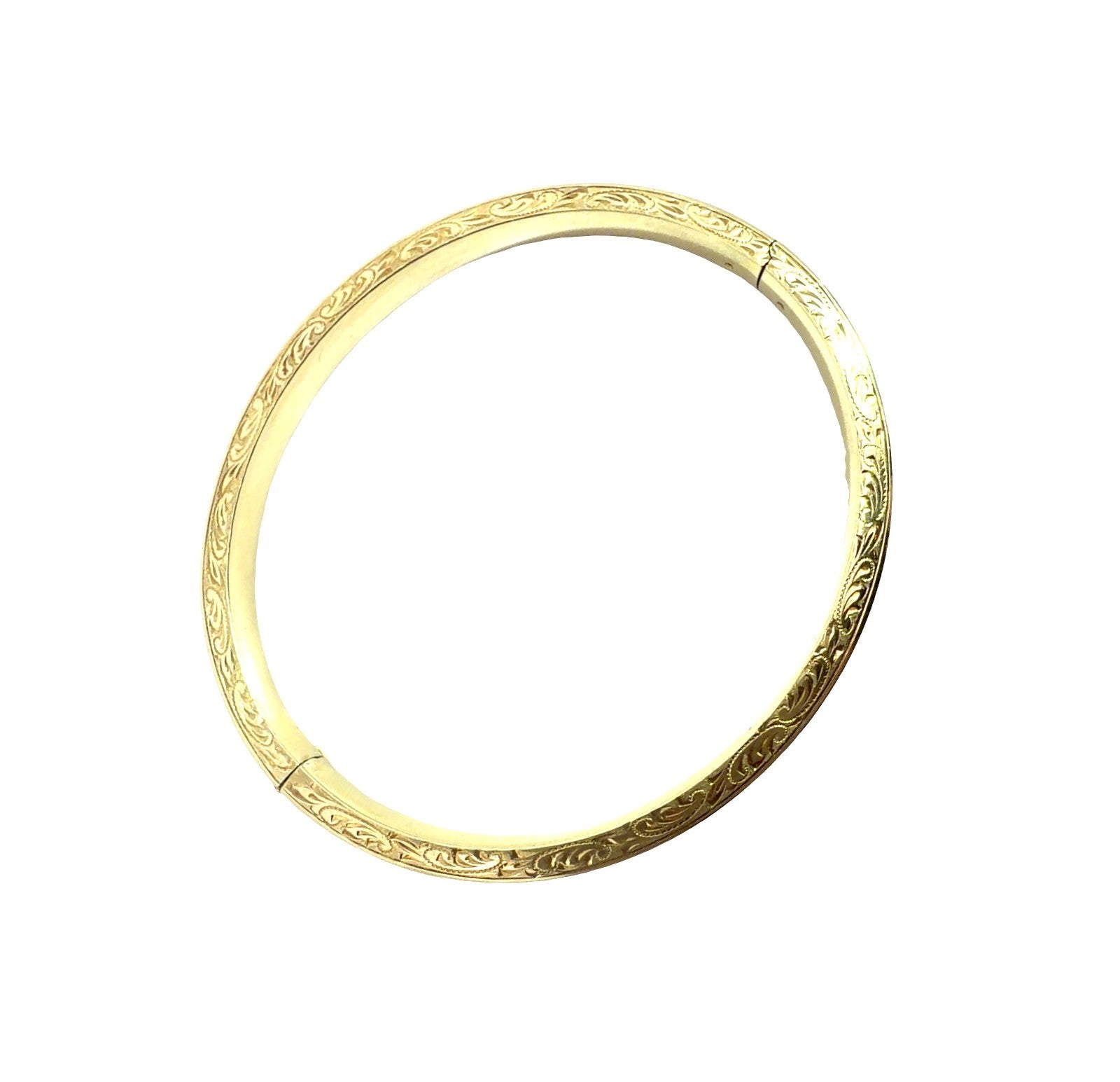 Vintage 14k Yellow Gold Etched and Milgrain Hinged Bangle 7"1