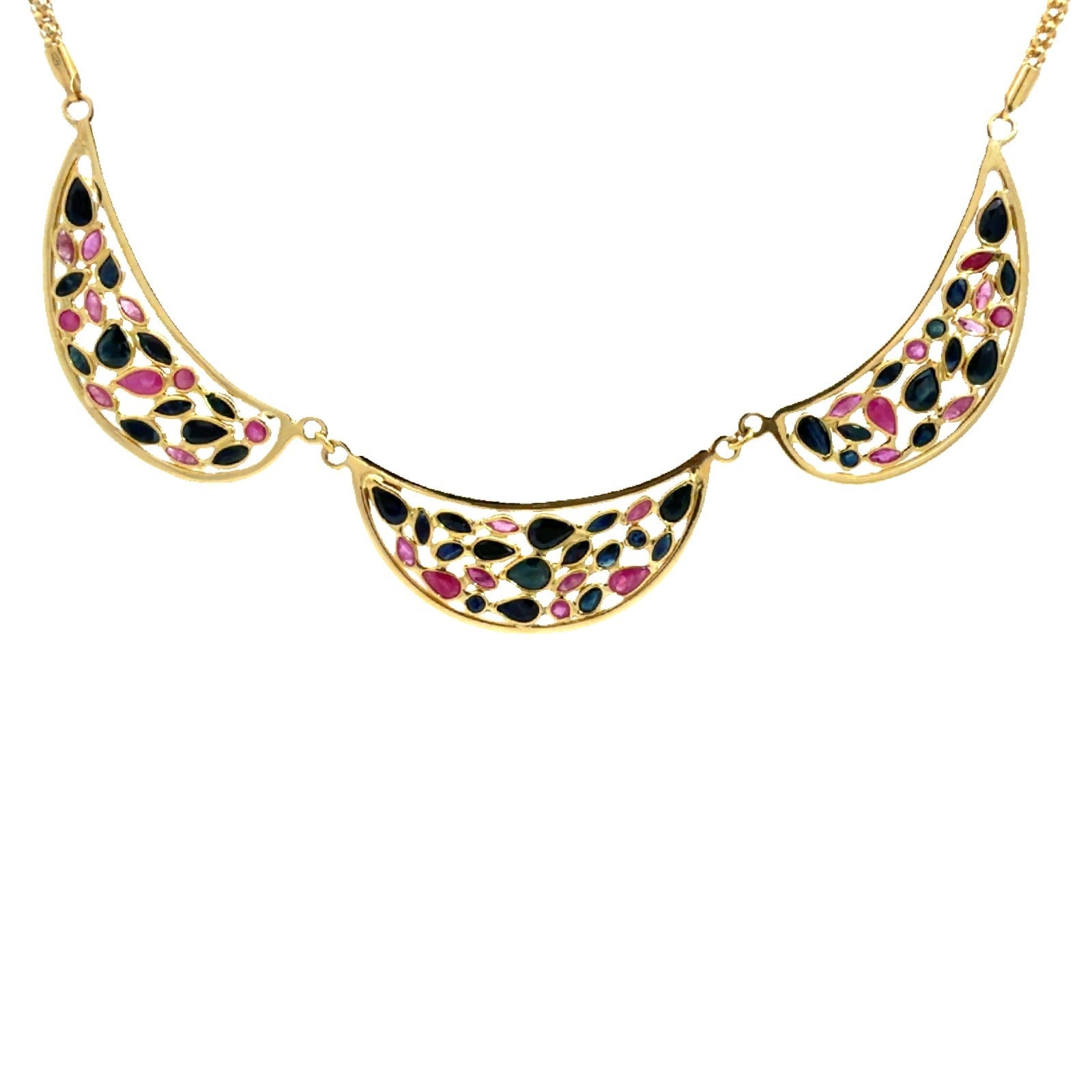 18k Yellow Gold 5.12cttw Sapphire & 1.90cttw Ruby Triple Crescent Motif Necklace1