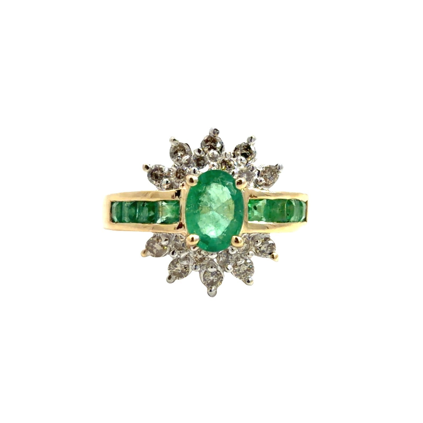 14k Yellow Gold 0.75cttw Emerald & 0.38cttw Diamond Starburst Halo Cocktail Ring0