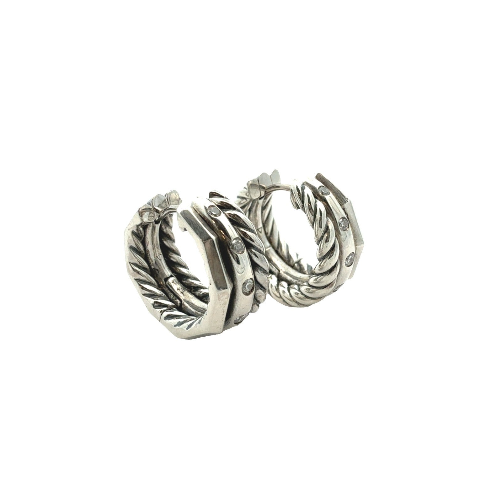 David Yurman Stax Sterling Silver 0.11cttw Diamond Cable Huggie Hoop Earrings2