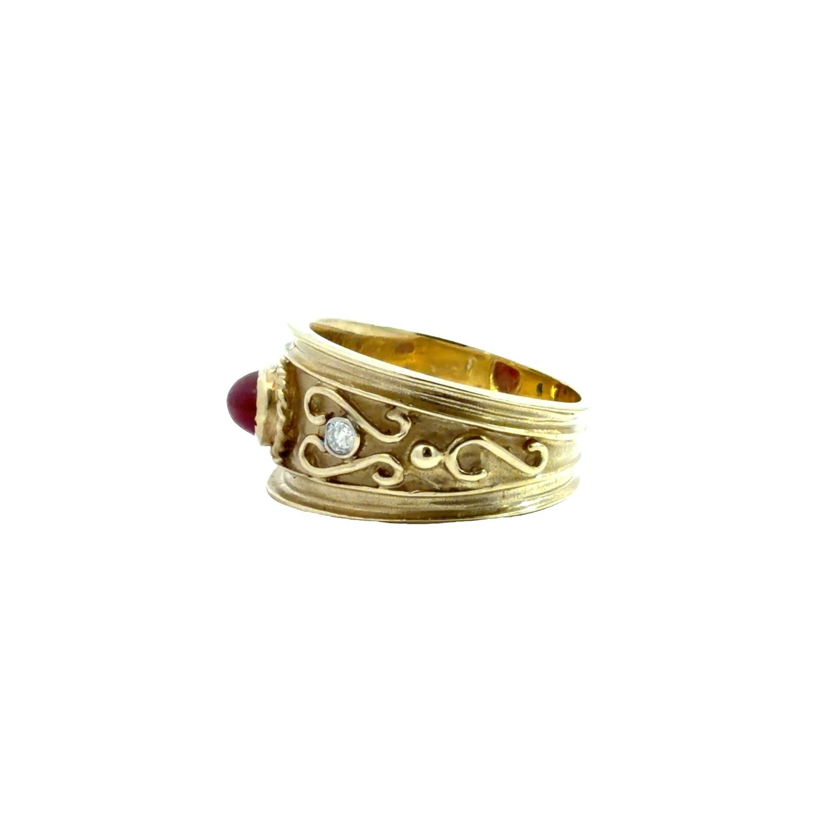 Vintage 14k Yellow Gold 0.25tcw Cabochon Ruby & 0.09cttw Diamond Scrollwork Band3