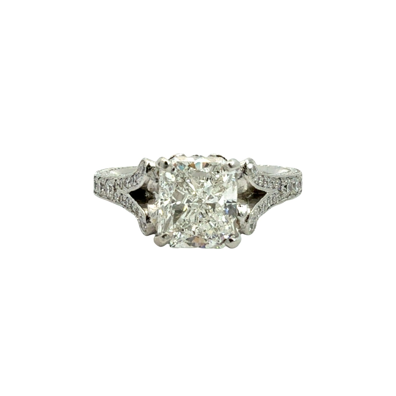 Platinum Pavé Split Shank Cushion-Cut 2.63cttw (2.01tcw) Diamond Engagement Ring0