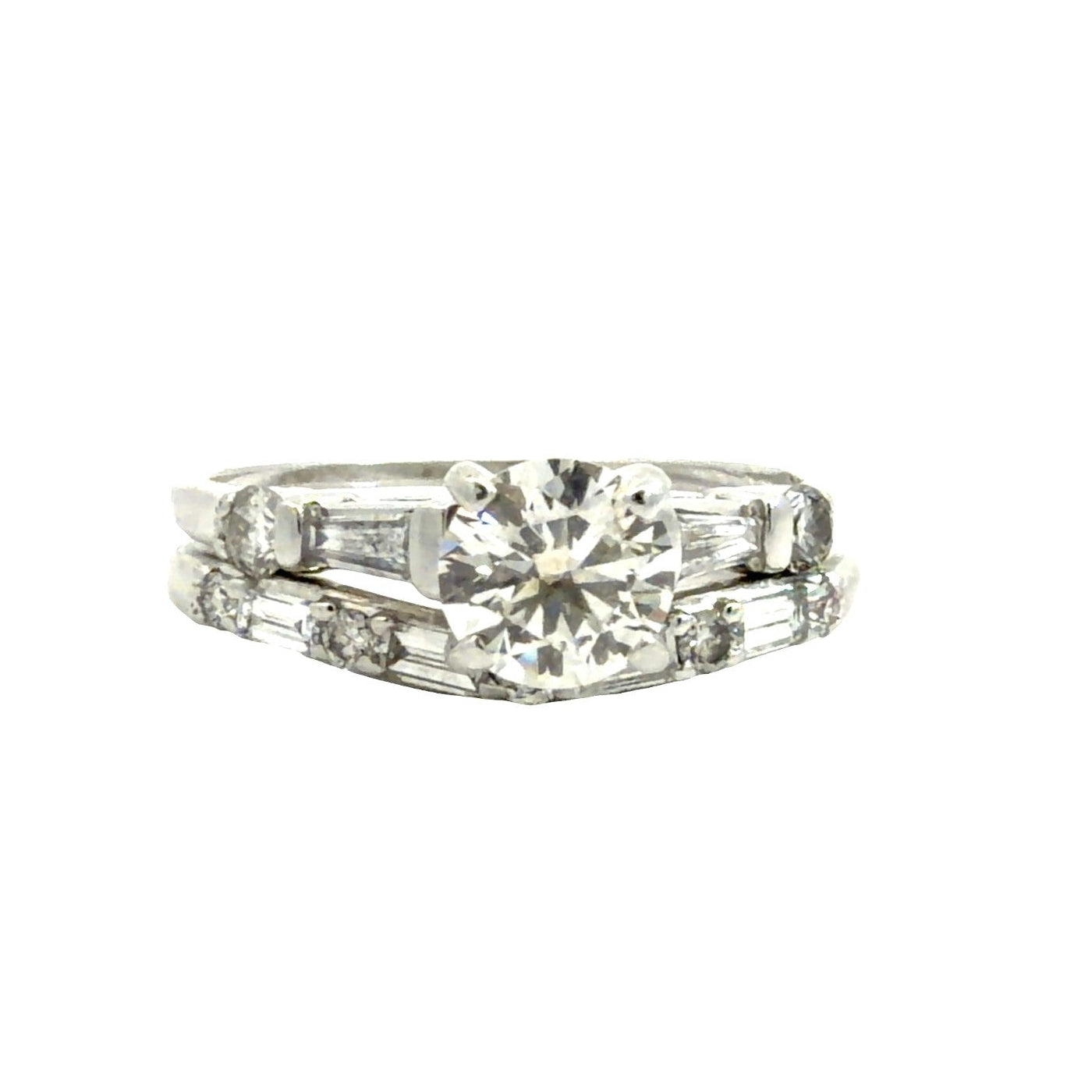 14k White Gold 1.20cttw IGI Round Brilliant & Baguette Diamond Bridal Set Size 70