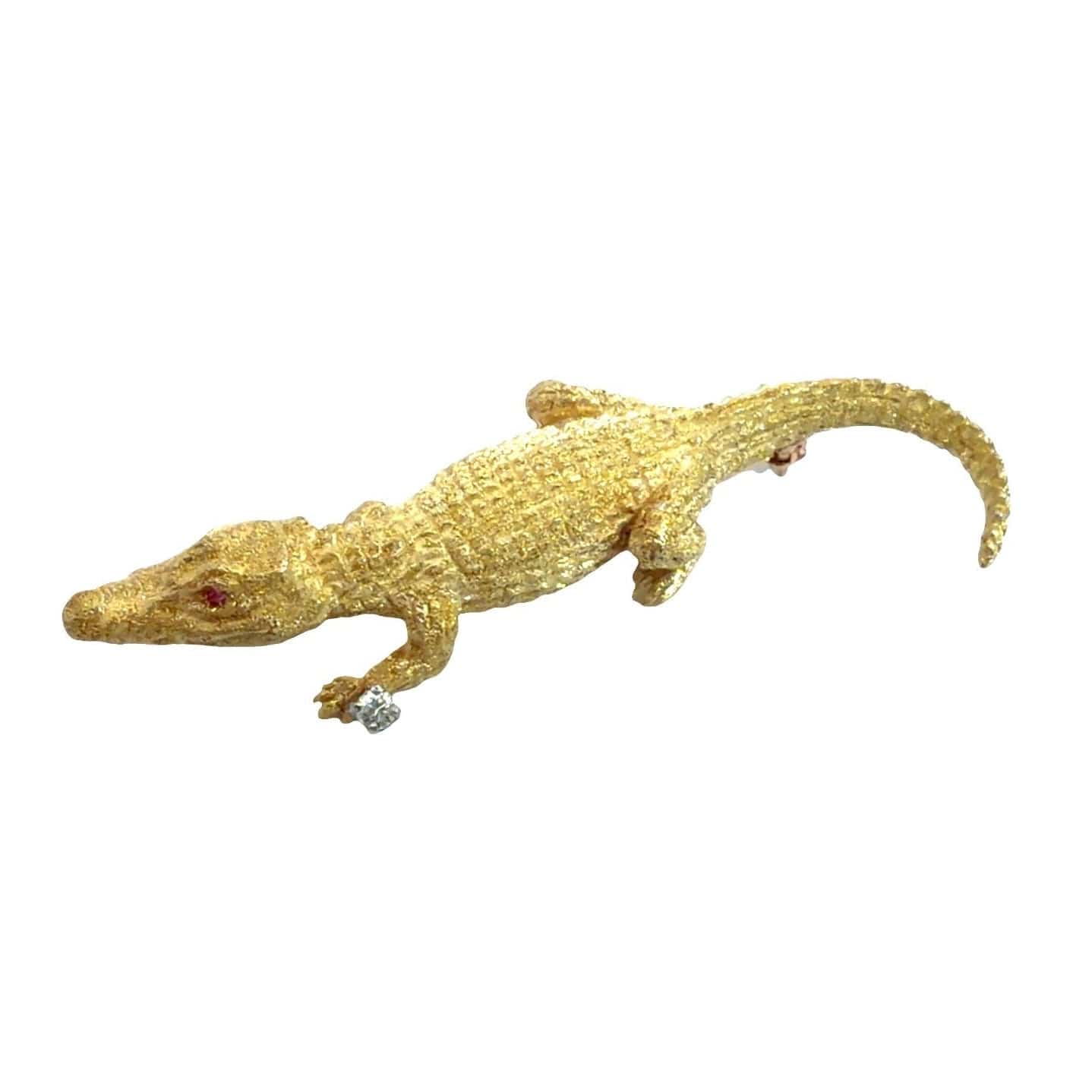 18k Stamped Yellow Gold Crocodile Brooch with Ruby and Diamond0