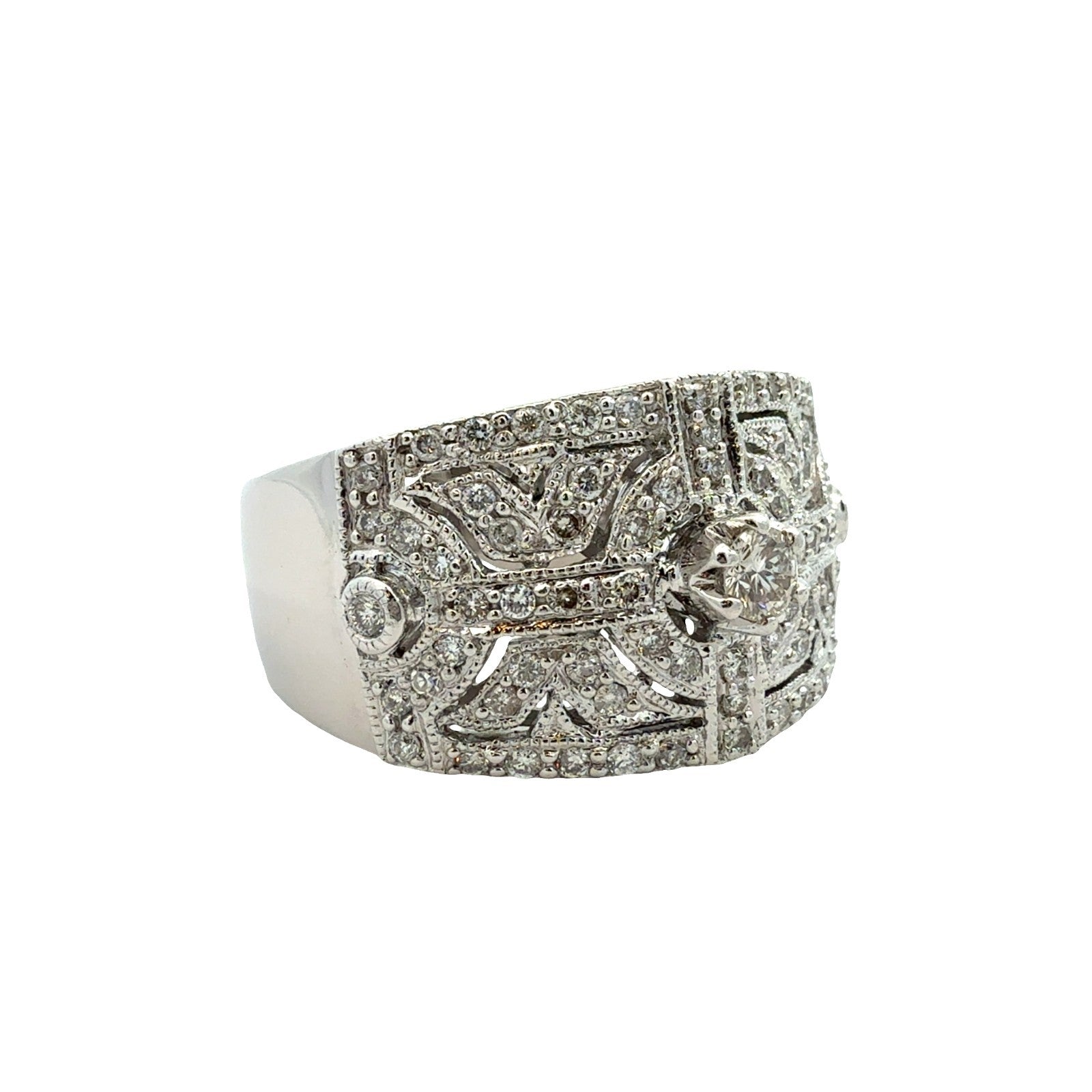 18k White Gold Art Deco Style 0.71ctw Diamond Cluster Ring Size 7.51