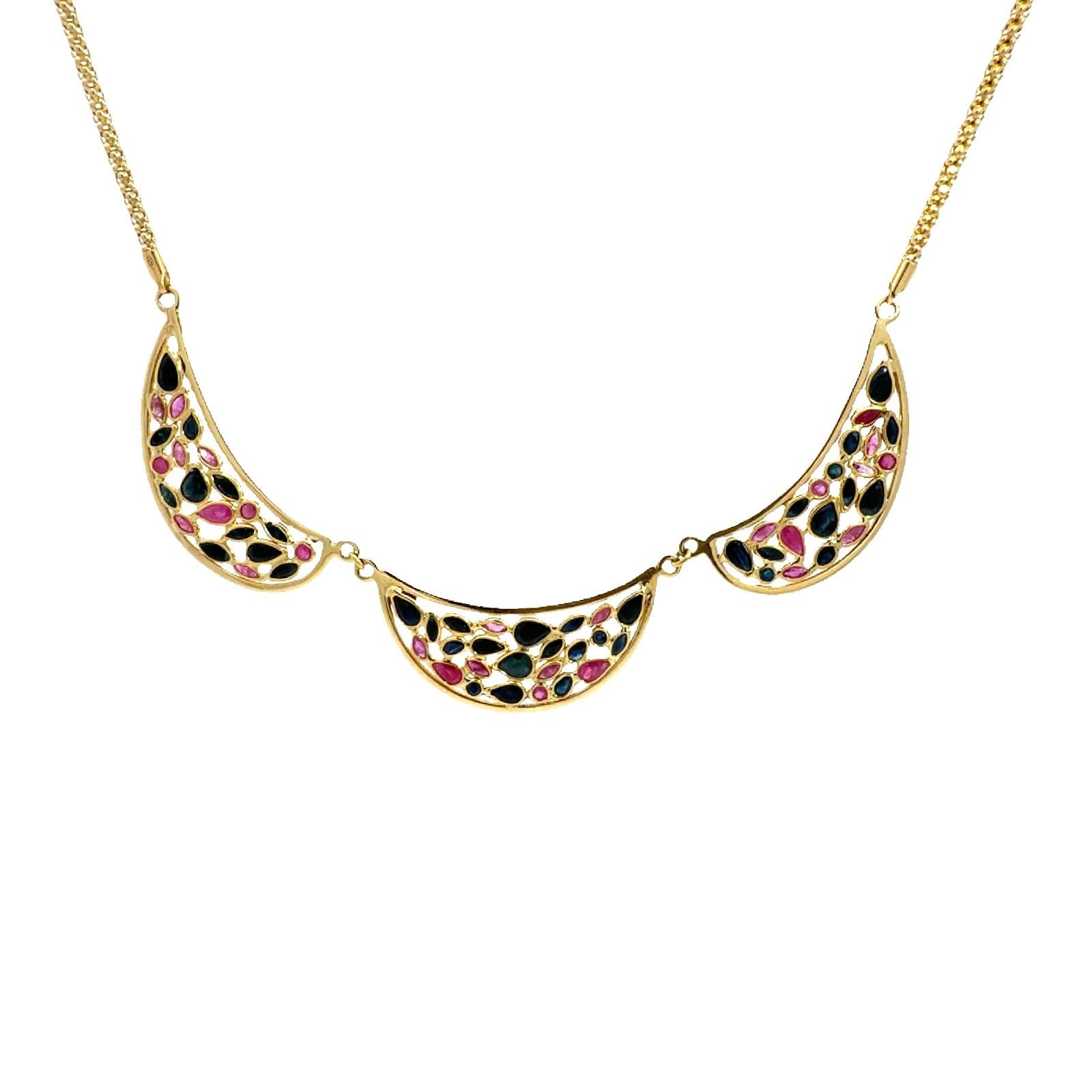 18k Yellow Gold 5.12cttw Sapphire & 1.90cttw Ruby Triple Crescent Motif Necklace0