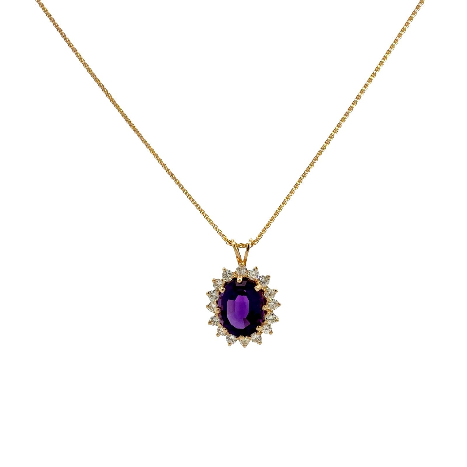 14K Yellow Gold 2.41tcw Oval-Cut Amethyst 0.48cttw Diamond Halo Pendant Necklace1