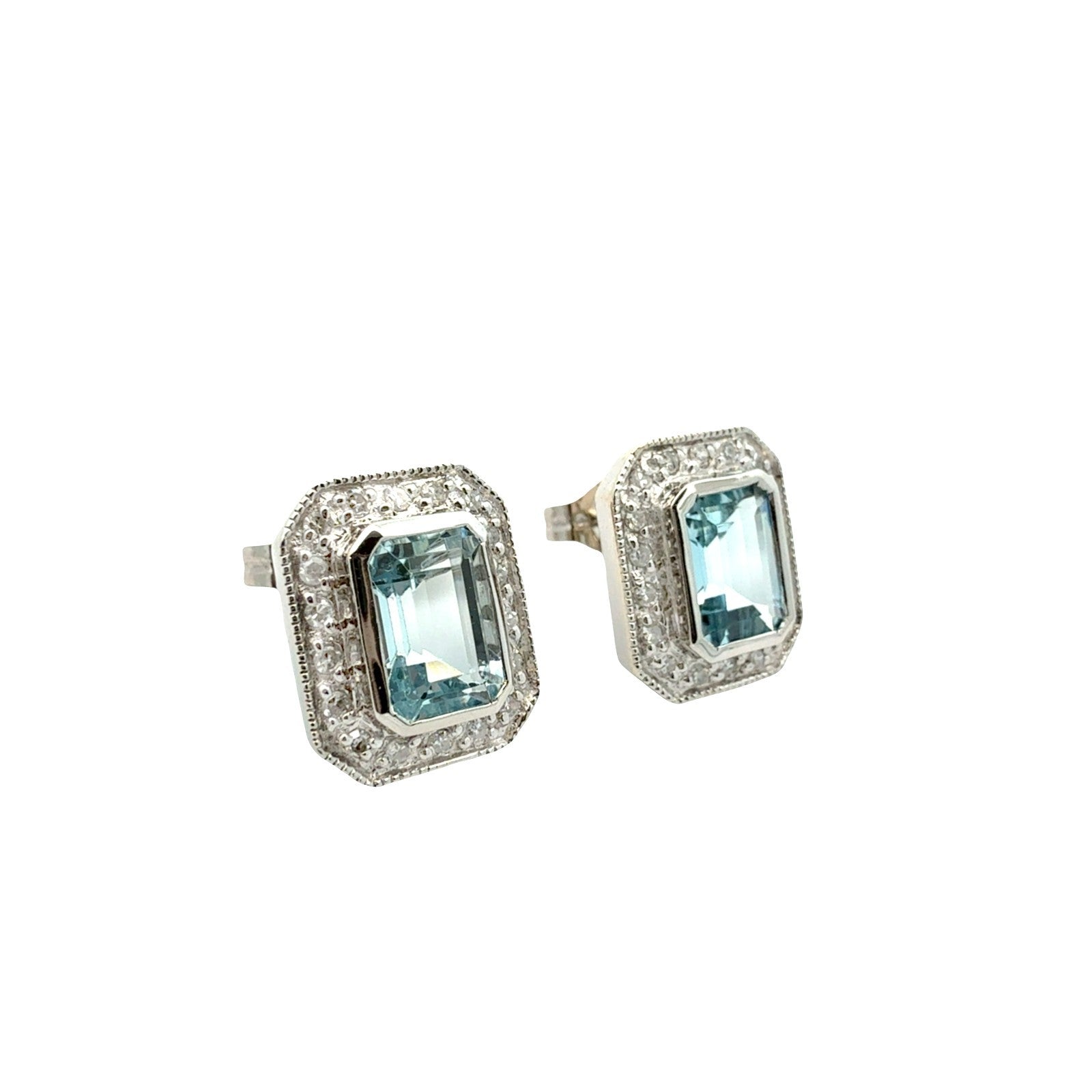 14k White Gold 1.97cttw Aquamarine andd 0.22cttw Diamond Halo Stud Earrings1