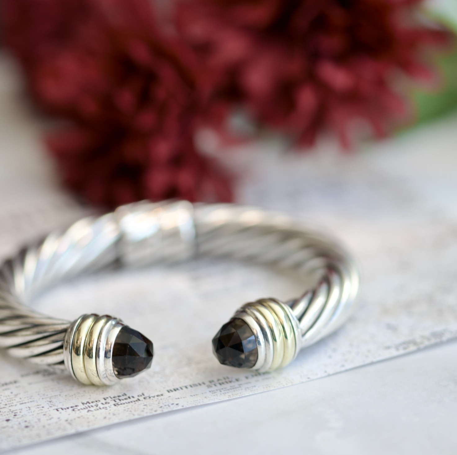 David Yurman Sterling Silver Two-Tone Smoky Quartz Hinged Cable Bangle0