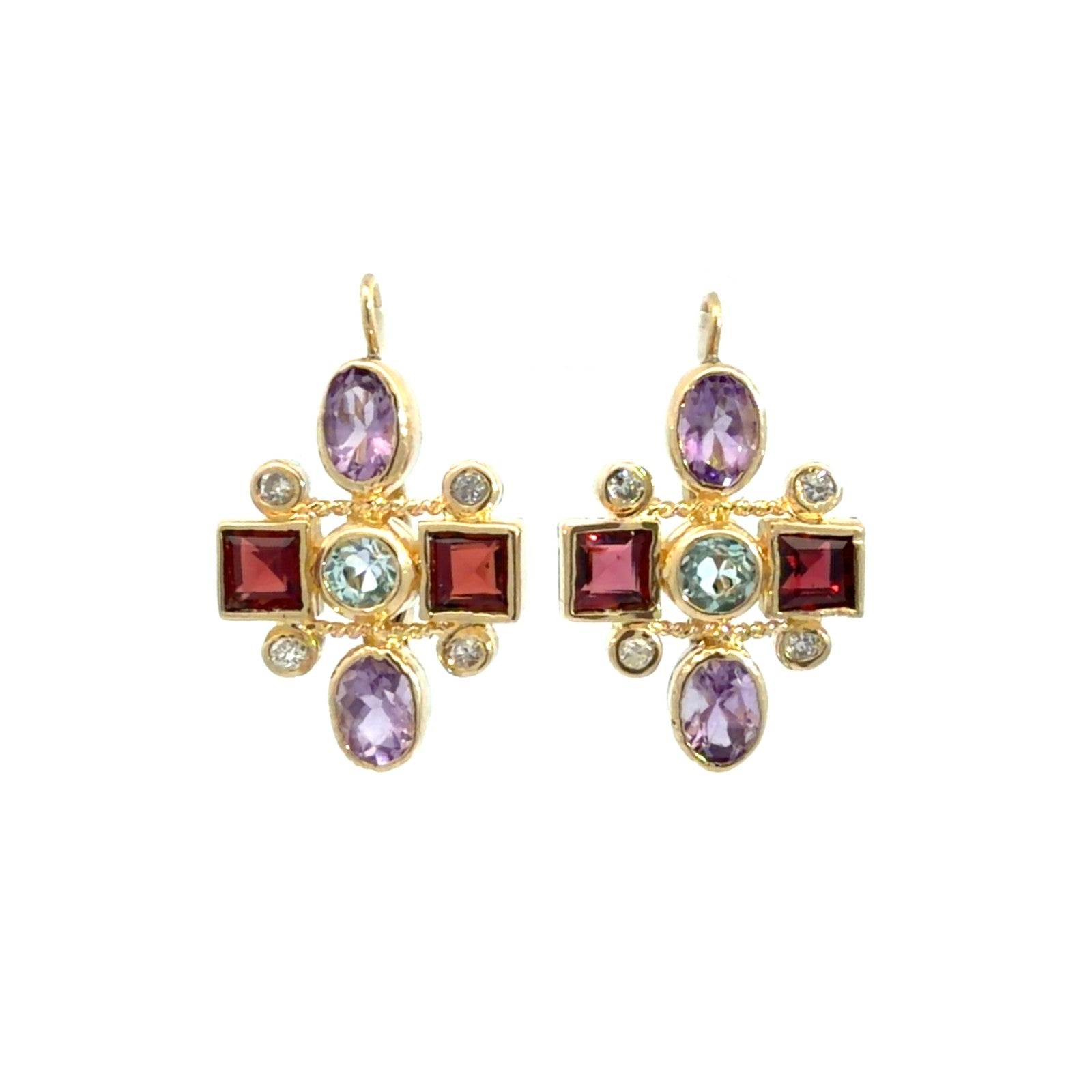 Vintage 13.5k Yellow Gold Diamond, Topaz, Amethyst, and Garnet Earrings0