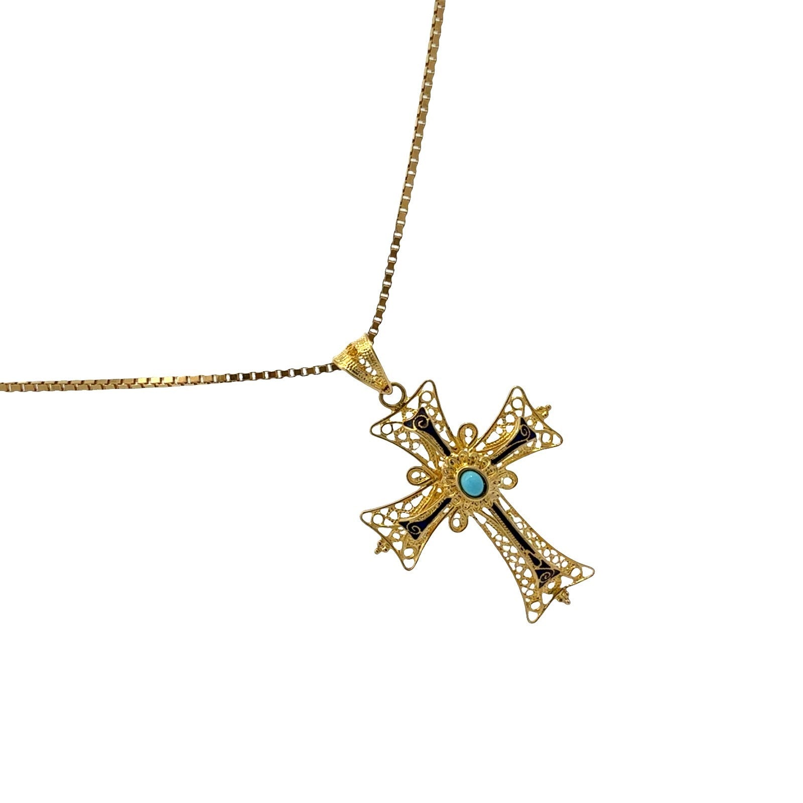 Vintage 18k Yellow Gold Turquoise and Enamel Filigree Cross Necklace1