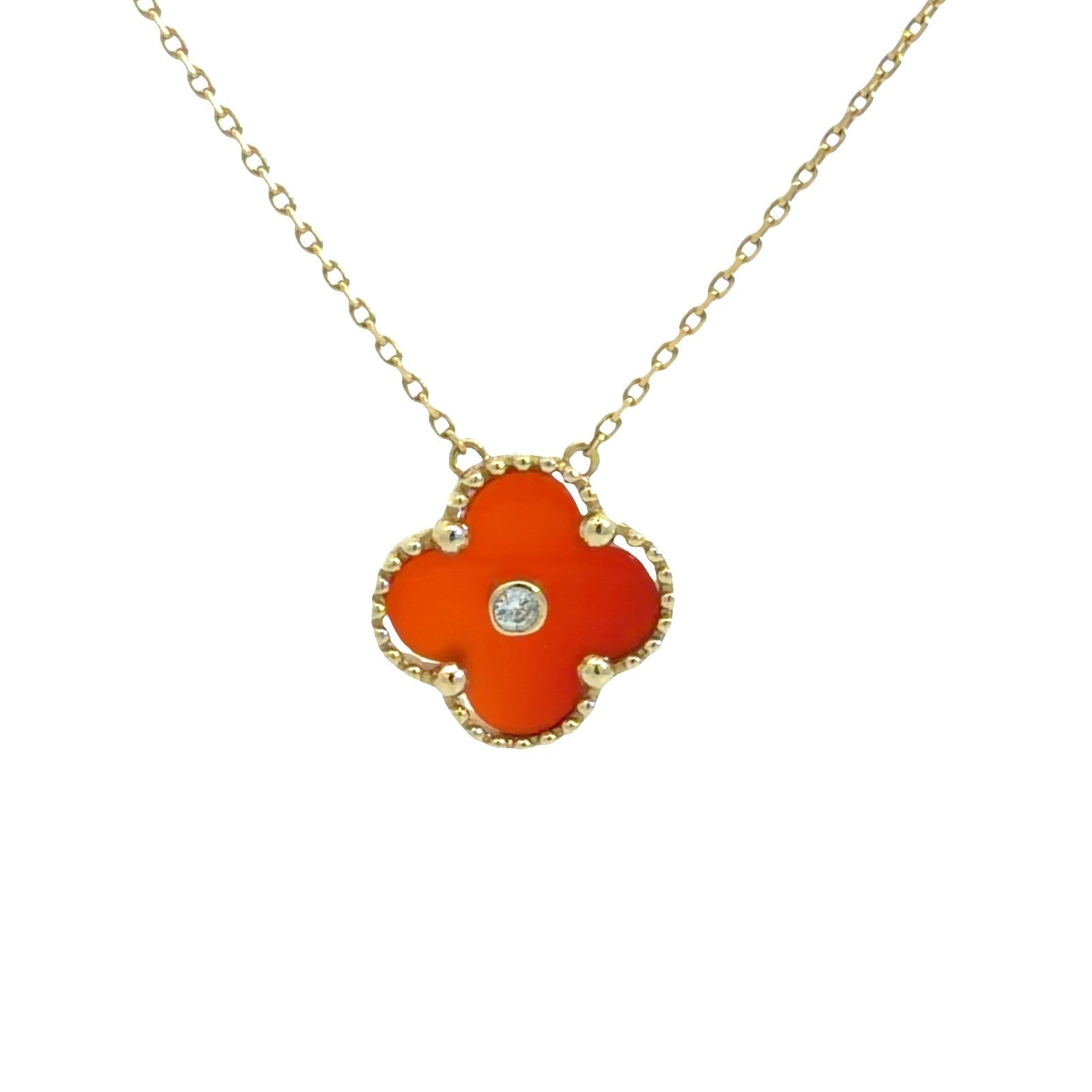 18k Yellow Gold Orange Clover Charm Necklace with CZ Center0