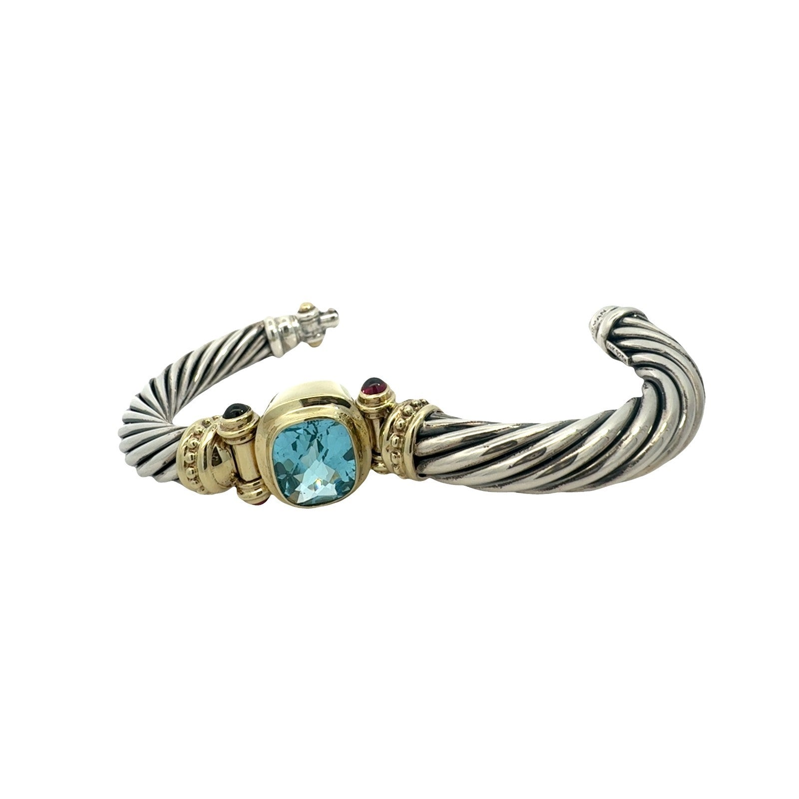 David Yurman Sterling Silver Two Tone Blue Topaz and Garnet Hinged Bangle7