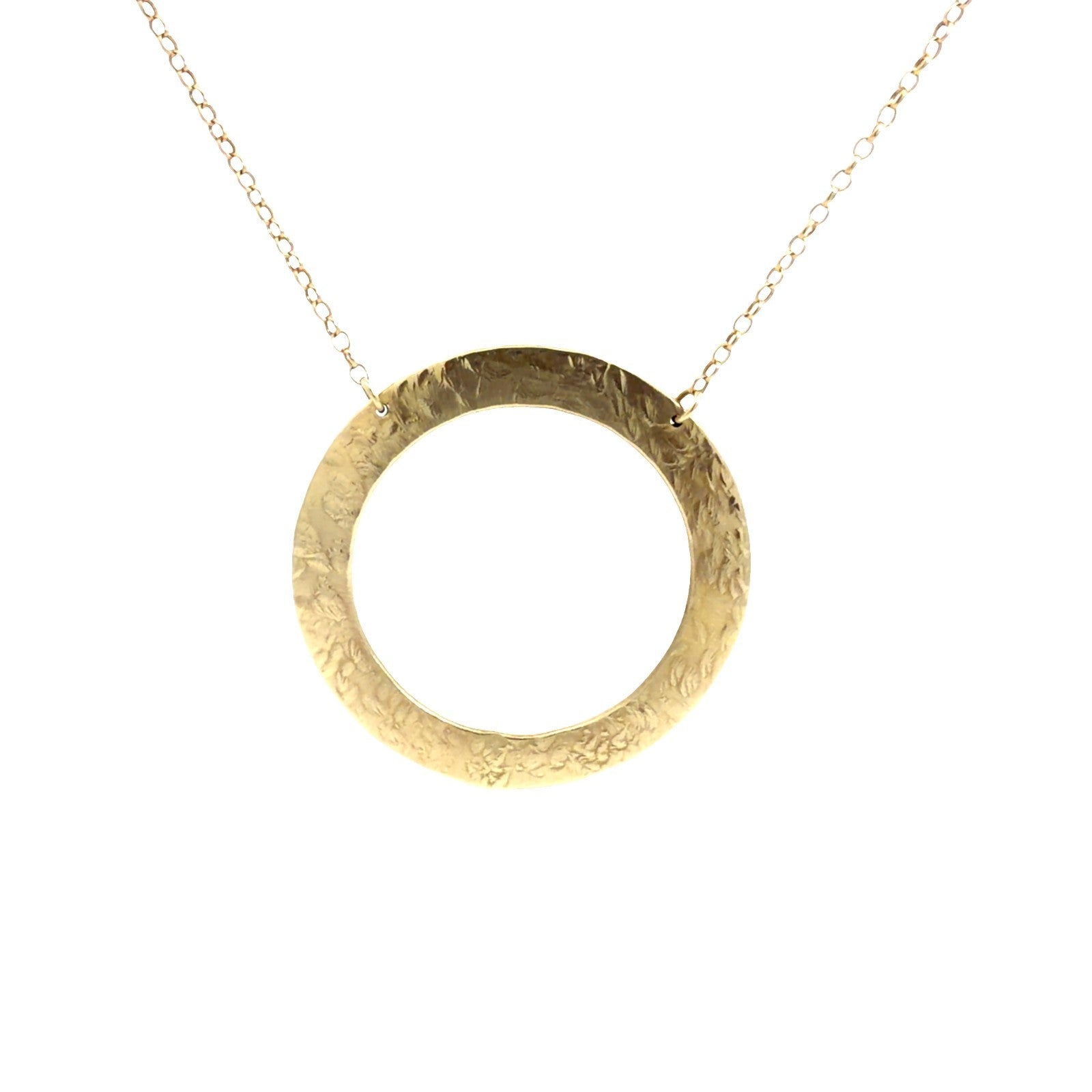 14k Yellow Gold Chain Necklace with Hammered Circular Pendant 20 in0