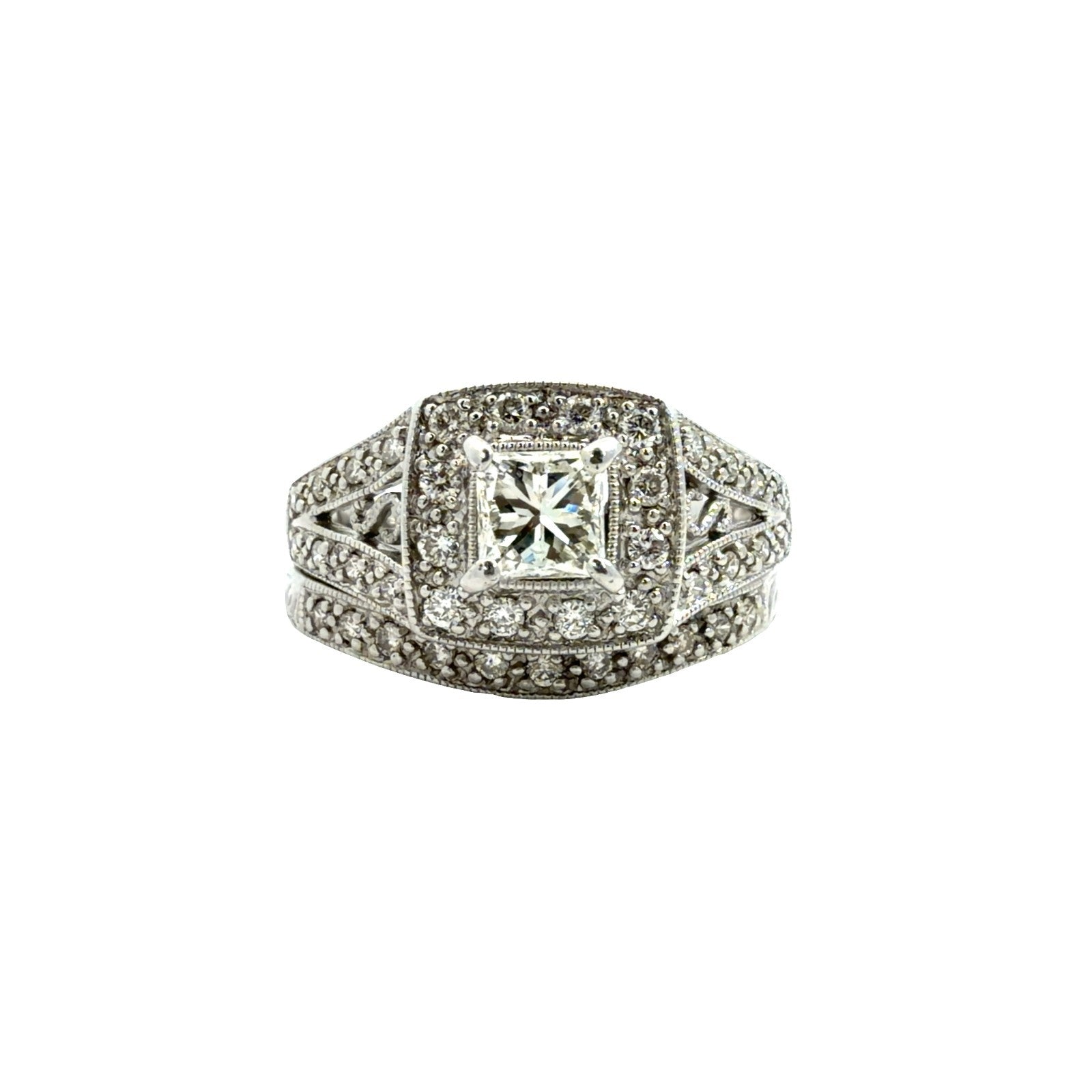14k White Gold 0.94cttw Diamond Halo Bridal Set Size 70