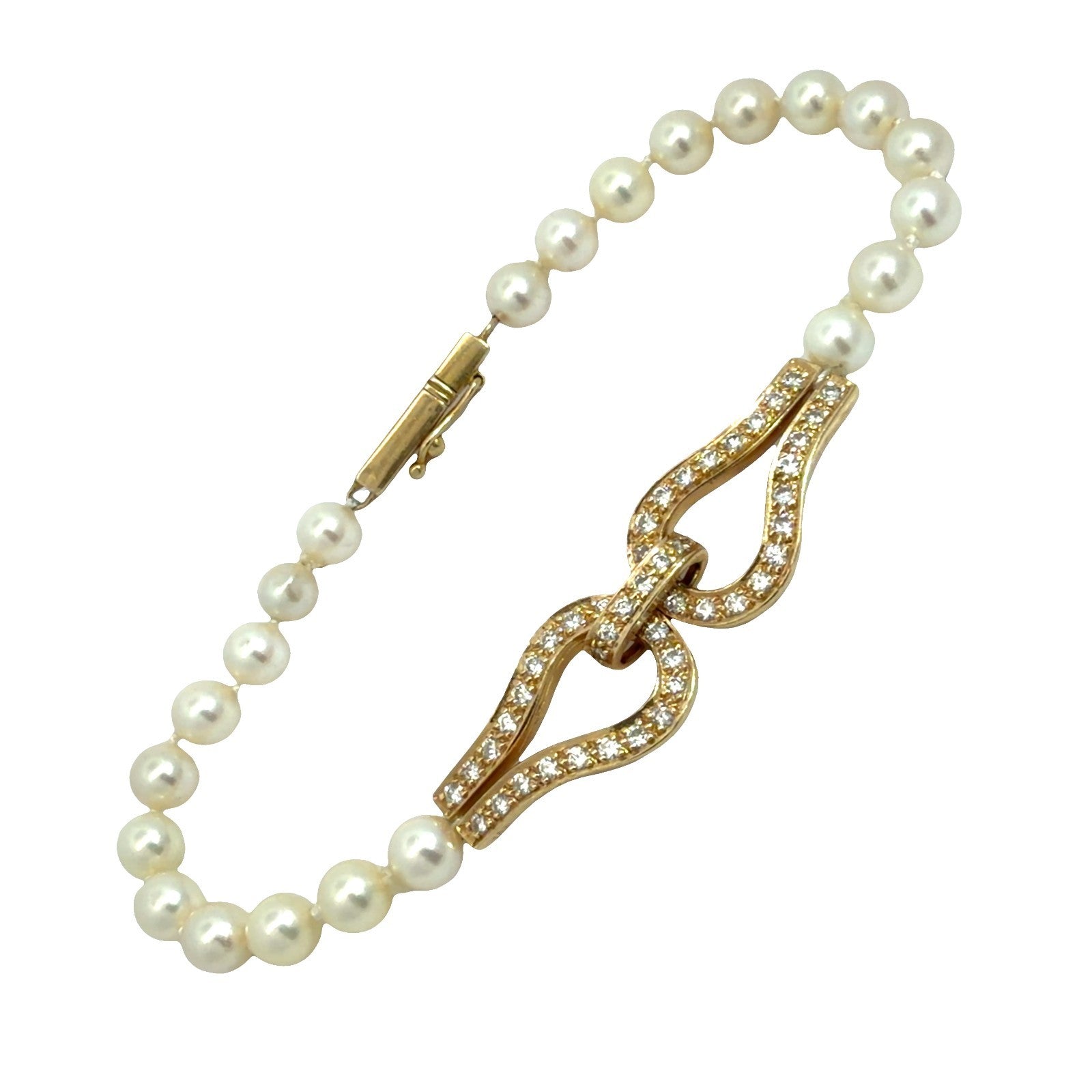 14k Yellow Gold 0.72ctw Diamond and Pearl Horseshoe Clasp Bracelet 7.5"5